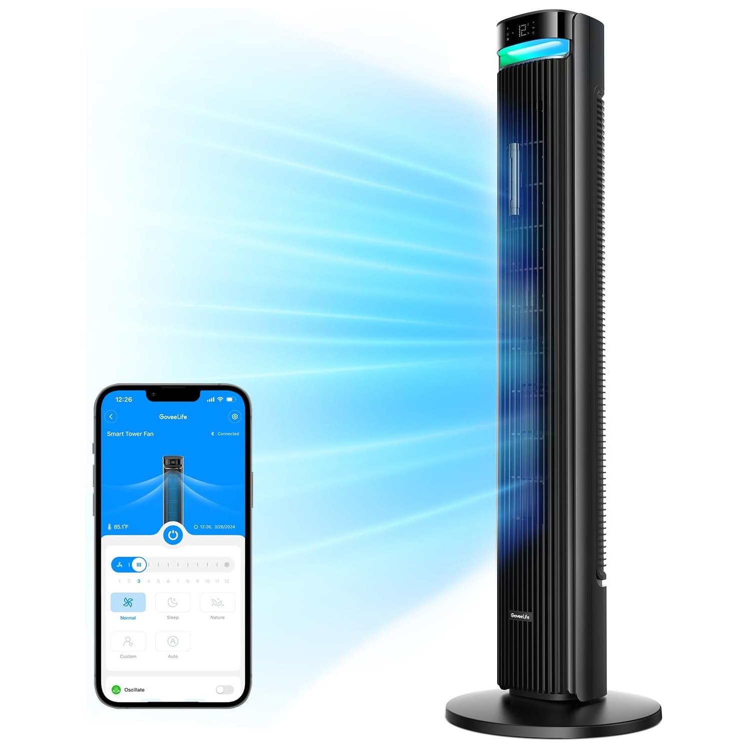 Goveelife 42'' Tower Fan for Bedroom, Smart Floor Fan with 150° Adjustable Oscillating, APP & Voice Control, 5 Modes 12 Speeds up to 26ft/s, 24H