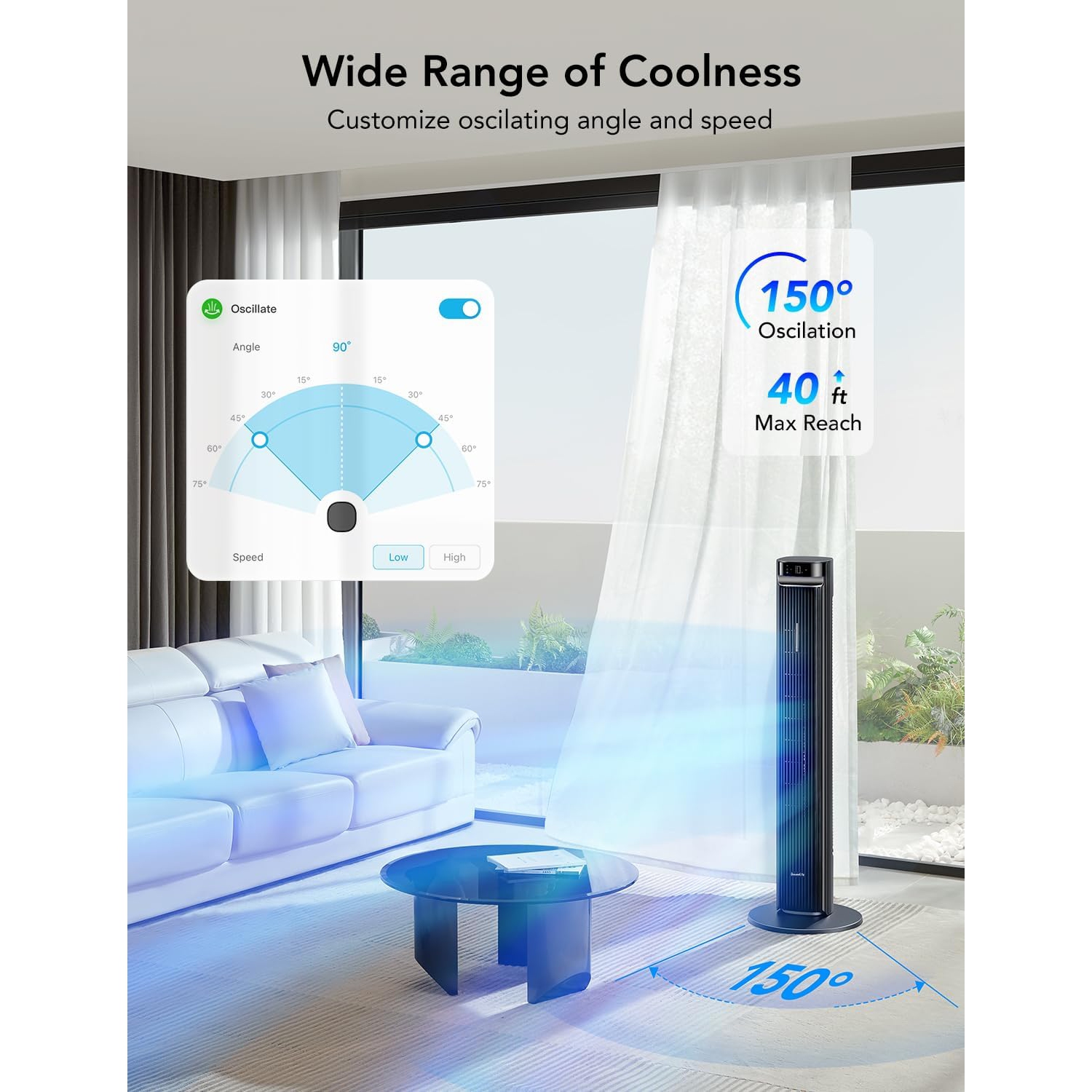 Goveelife 42'' Tower Fan for Bedroom, Smart Floor Fan with 150° Adjustable Oscillating, APP & Voice Control, 5 Modes 12 Speeds up to 26ft/s, 24H