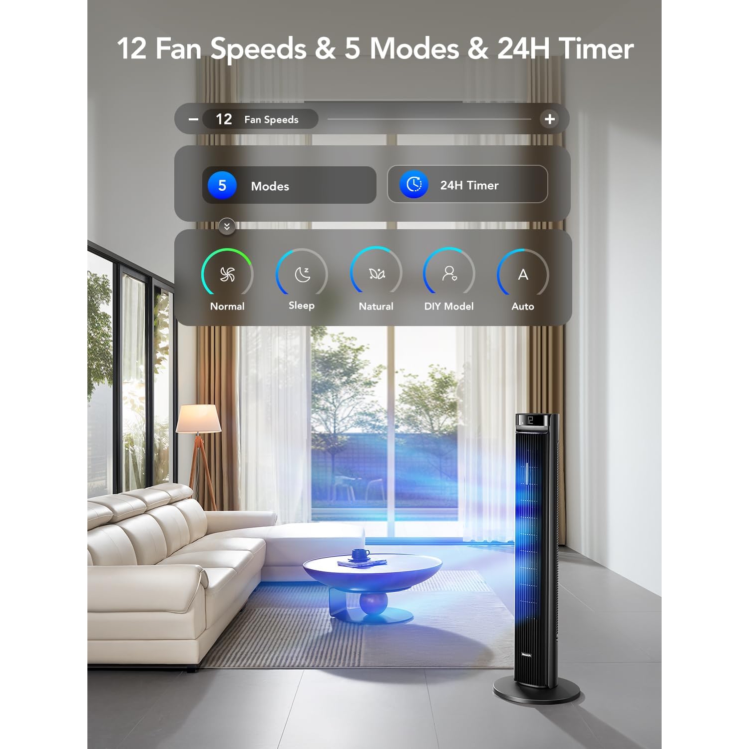 Goveelife 42'' Tower Fan for Bedroom, Smart Floor Fan with 150° Adjustable Oscillating, APP & Voice Control, 5 Modes 12 Speeds up to 26ft/s, 24H