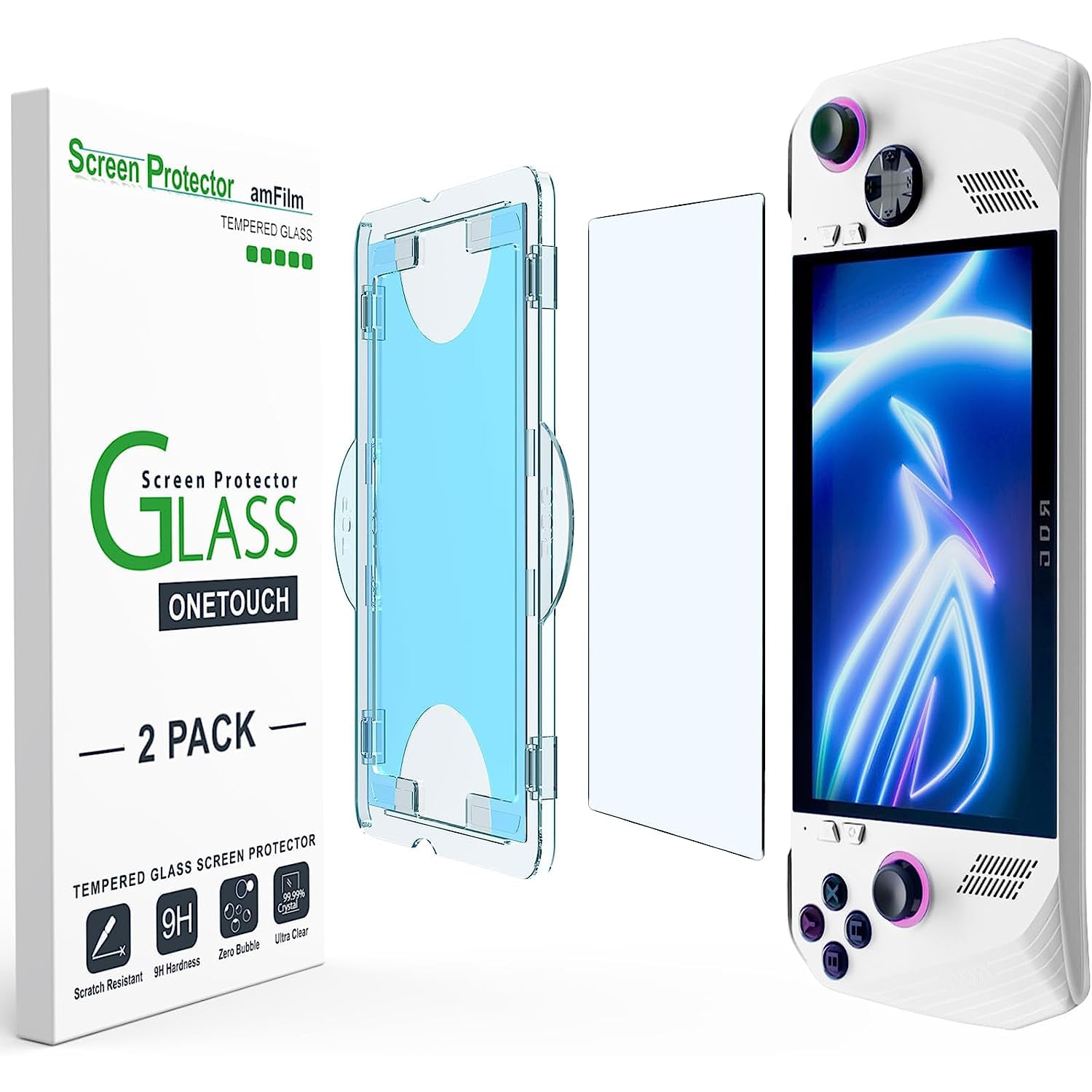 OneTouch Tempered Glass Screen Protector Designed for ASUS ROG Ally Handheld 7 inch 2023 - With Auto Alignment Kit, Bubble Free, 2 Pack