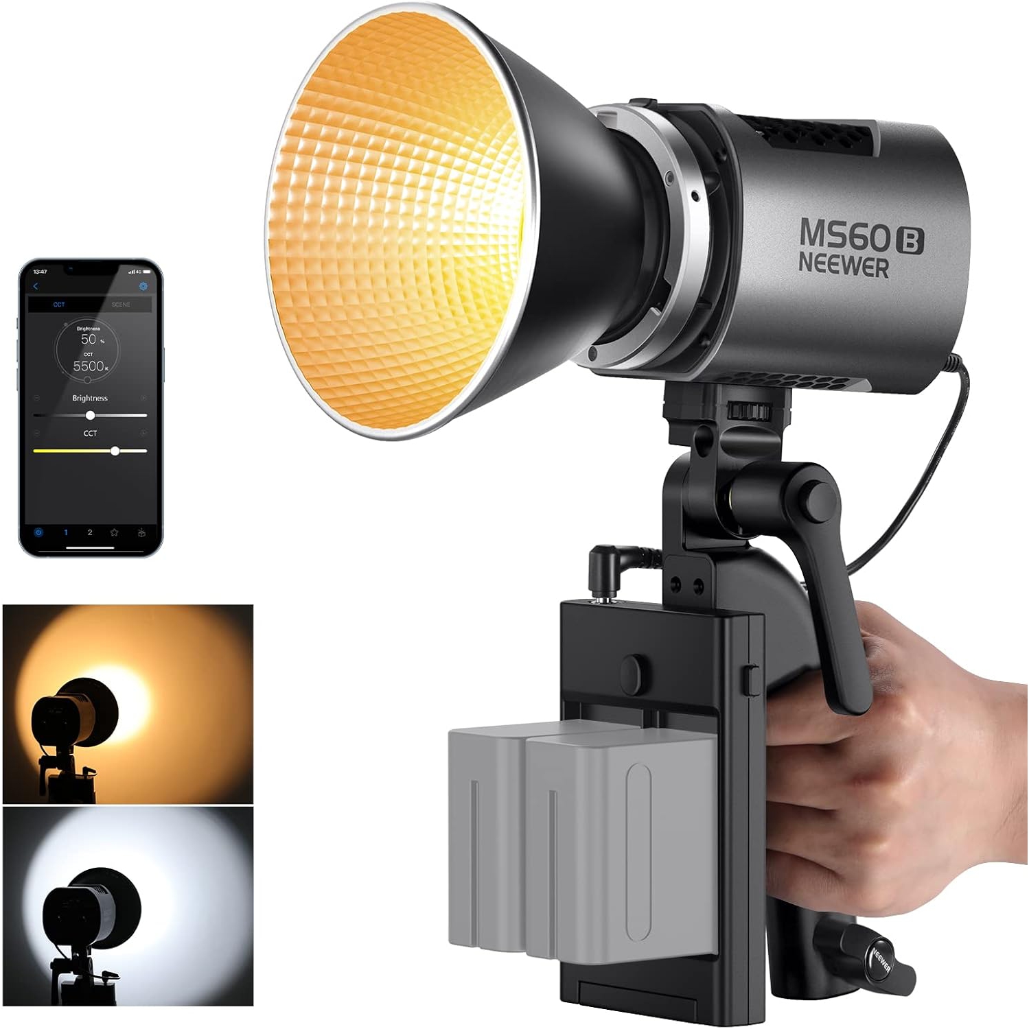 Open Box - NEEWER MS60B Bi Color LED Video Light with 2.4G/APP Control, 65W Metal Mini Handheld COB Continuous Output Lighting