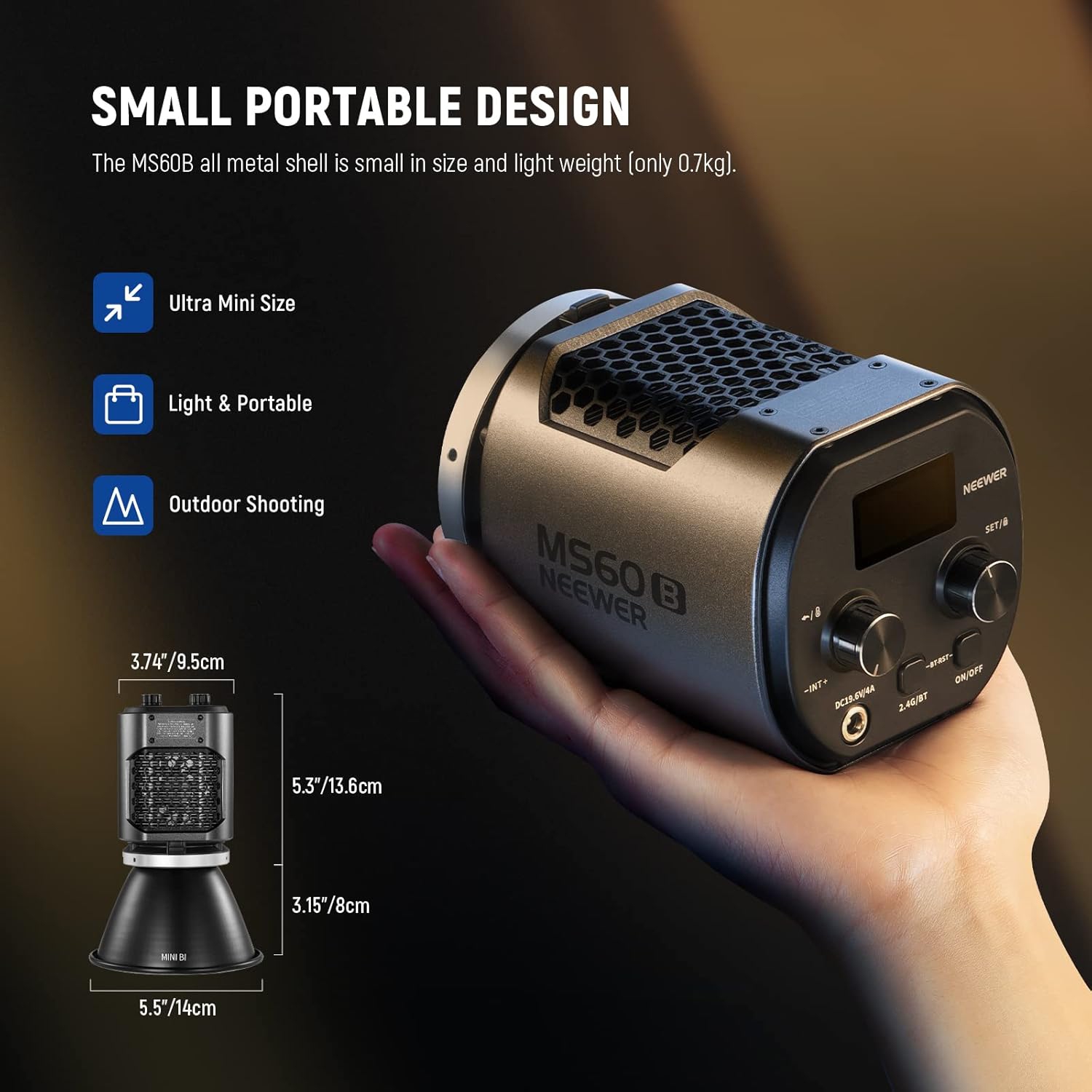 Open Box - NEEWER MS60B Bi Color LED Video Light with 2.4G/APP Control, 65W Metal Mini Handheld COB Continuous Output Lighting