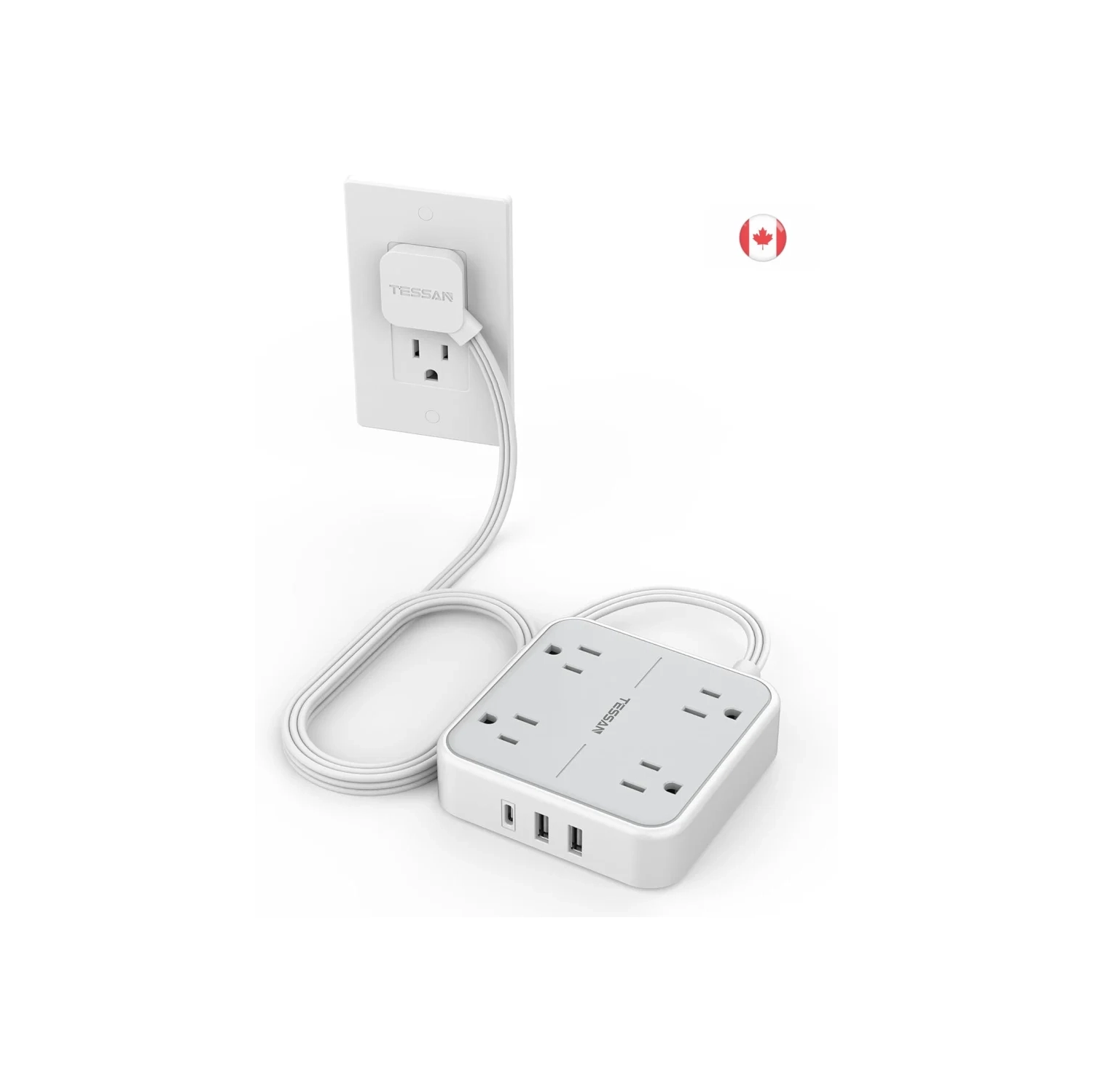 Flat Plug Power Bar with Surge Protector, 5ft Flat Extension Cord, TESSAN Power Strip with 4 Outlets & 3 USB Ports, Ideal for Dorm Rooms, Home,