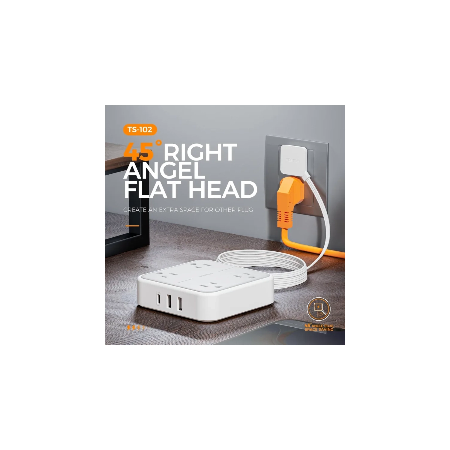 Flat Plug Power Bar with Surge Protector, 5ft Flat Extension Cord, TESSAN Power Strip with 4 Outlets & 3 USB Ports, Ideal for Dorm Rooms, Home,