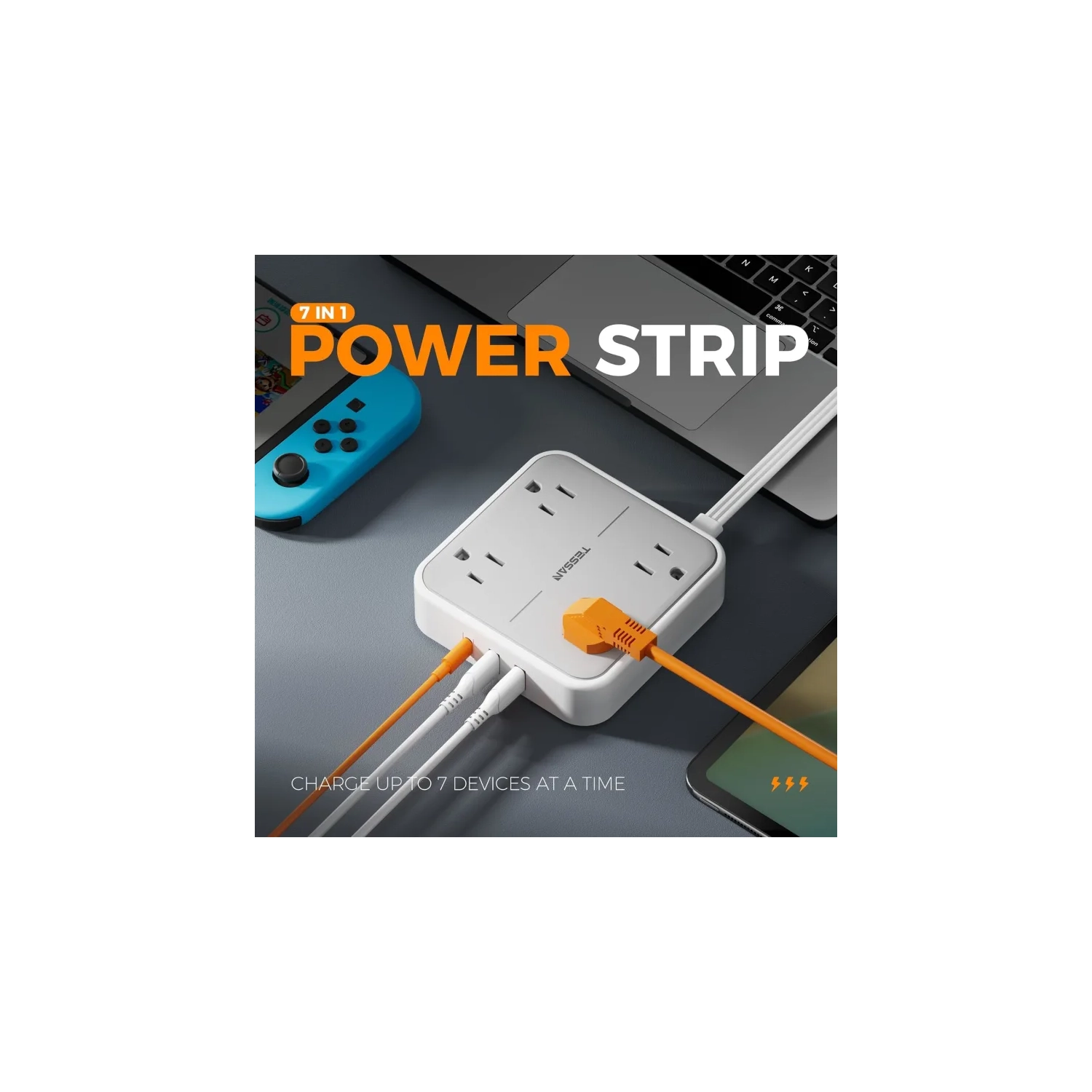 Flat Plug Power Bar with Surge Protector, 5ft Flat Extension Cord, TESSAN Power Strip with 4 Outlets & 3 USB Ports, Ideal for Dorm Rooms, Home,