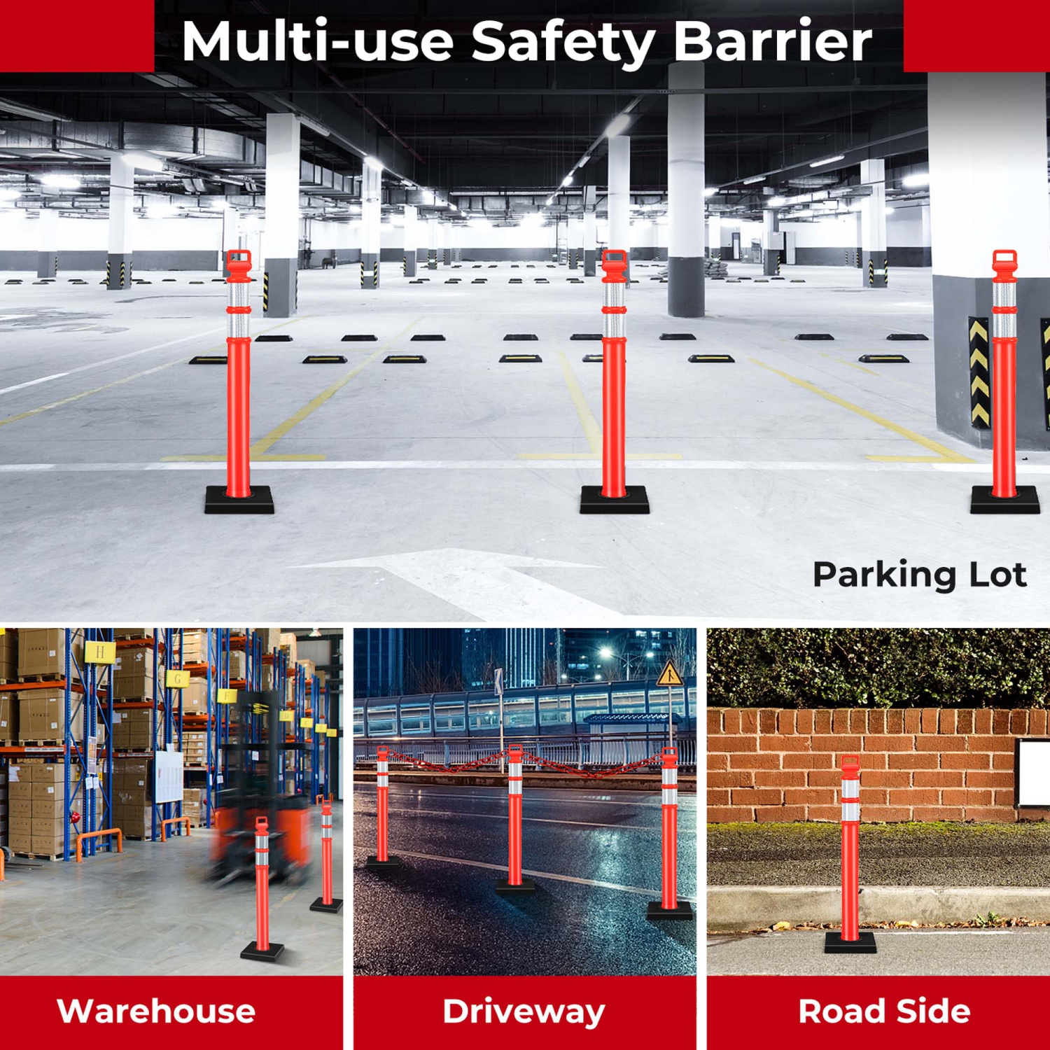 Costway – barrière contre la circulation avec bandes réfléchissantes, paq. 3, pour poteau de sécurité, 45 po