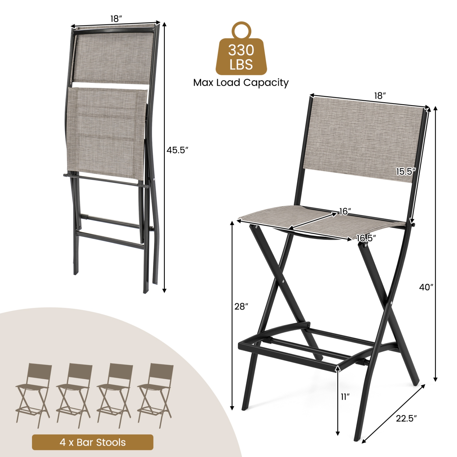 Costway Set of 6 Outdoor Bar Chair Folding Bar Height Stool with Metal Frame Coffee