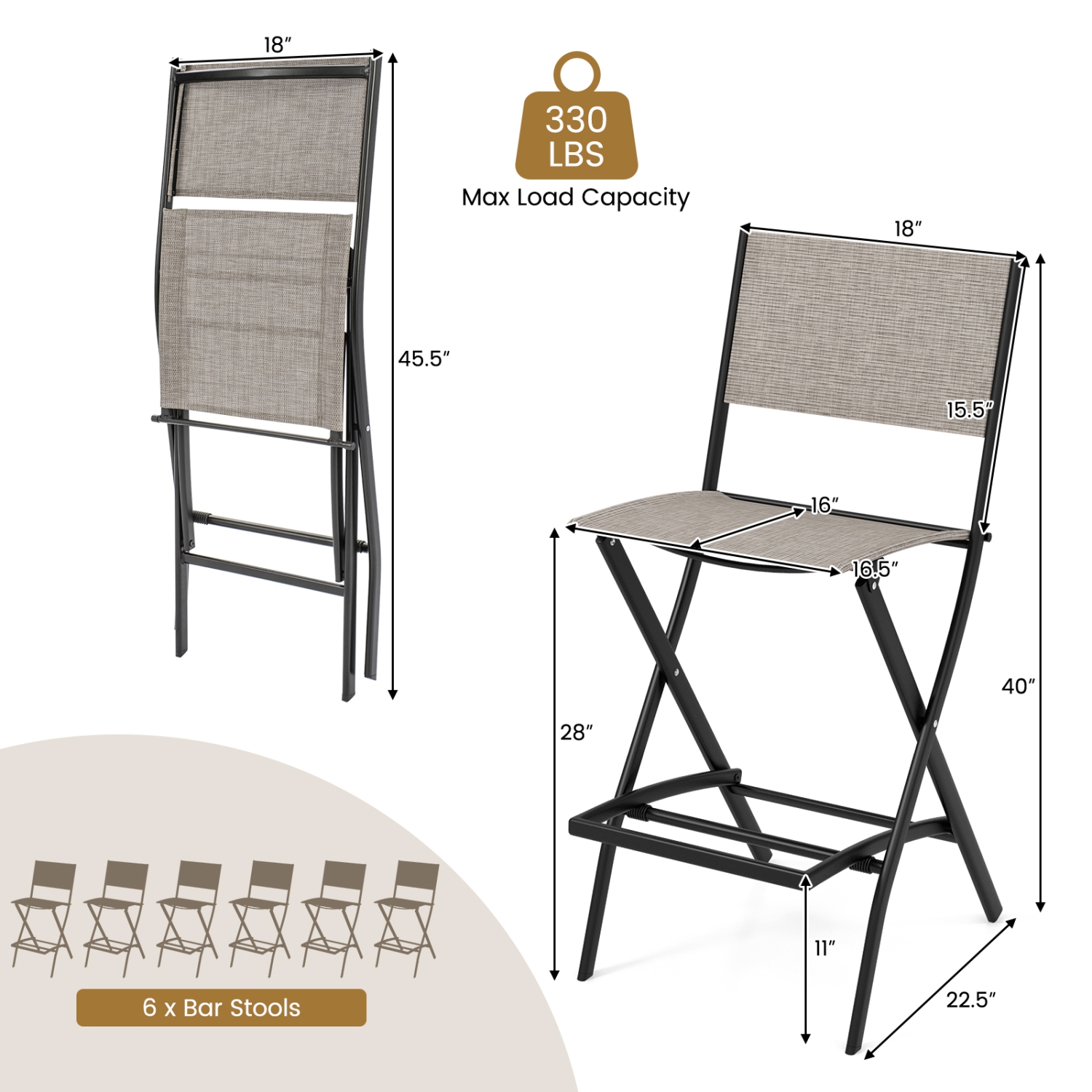 Costway Set of 6 Outdoor Bar Chair Folding Bar Height Stool with Metal Frame Coffee