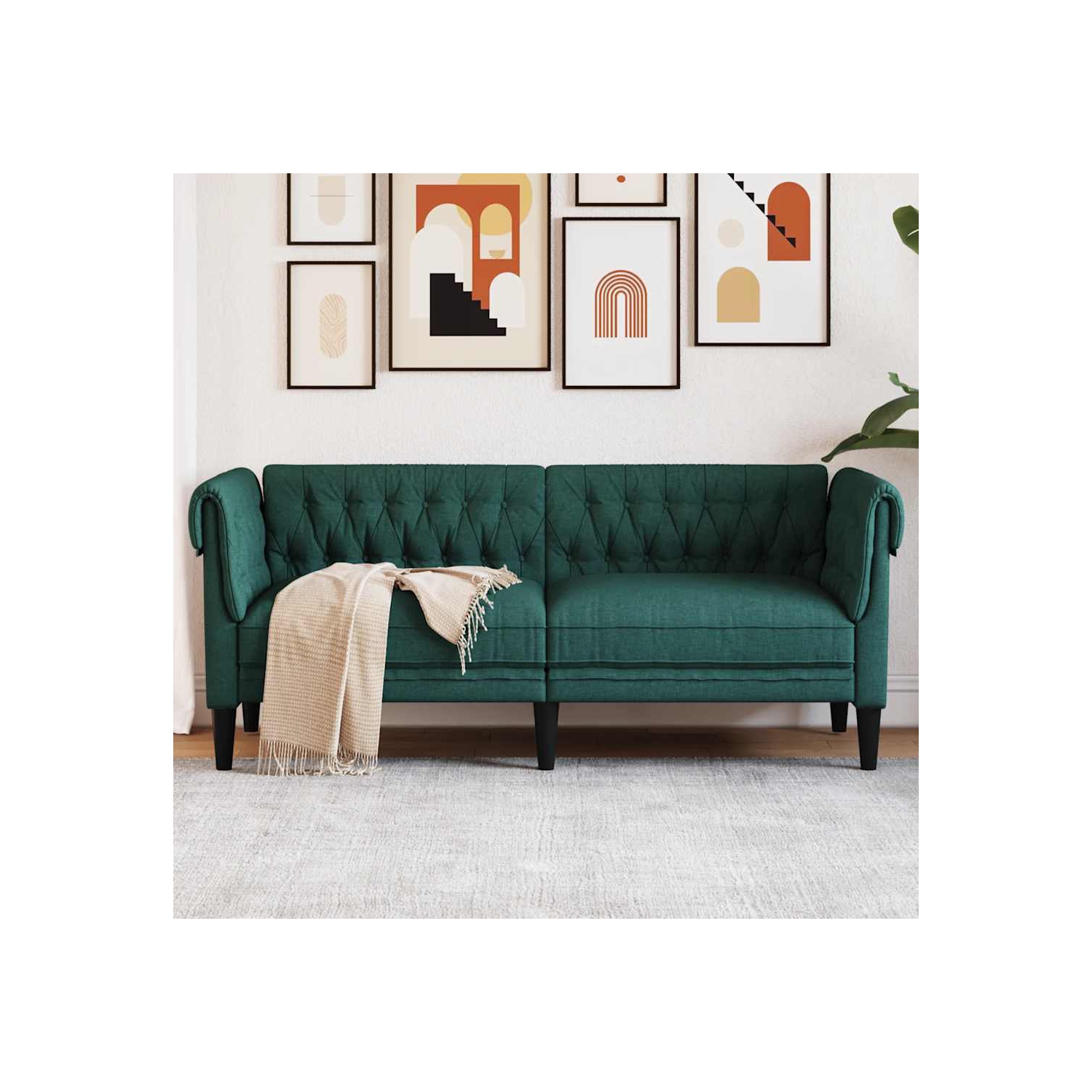 Sofa 2 places en tissu vert foncé Chesterfield de vidaXL