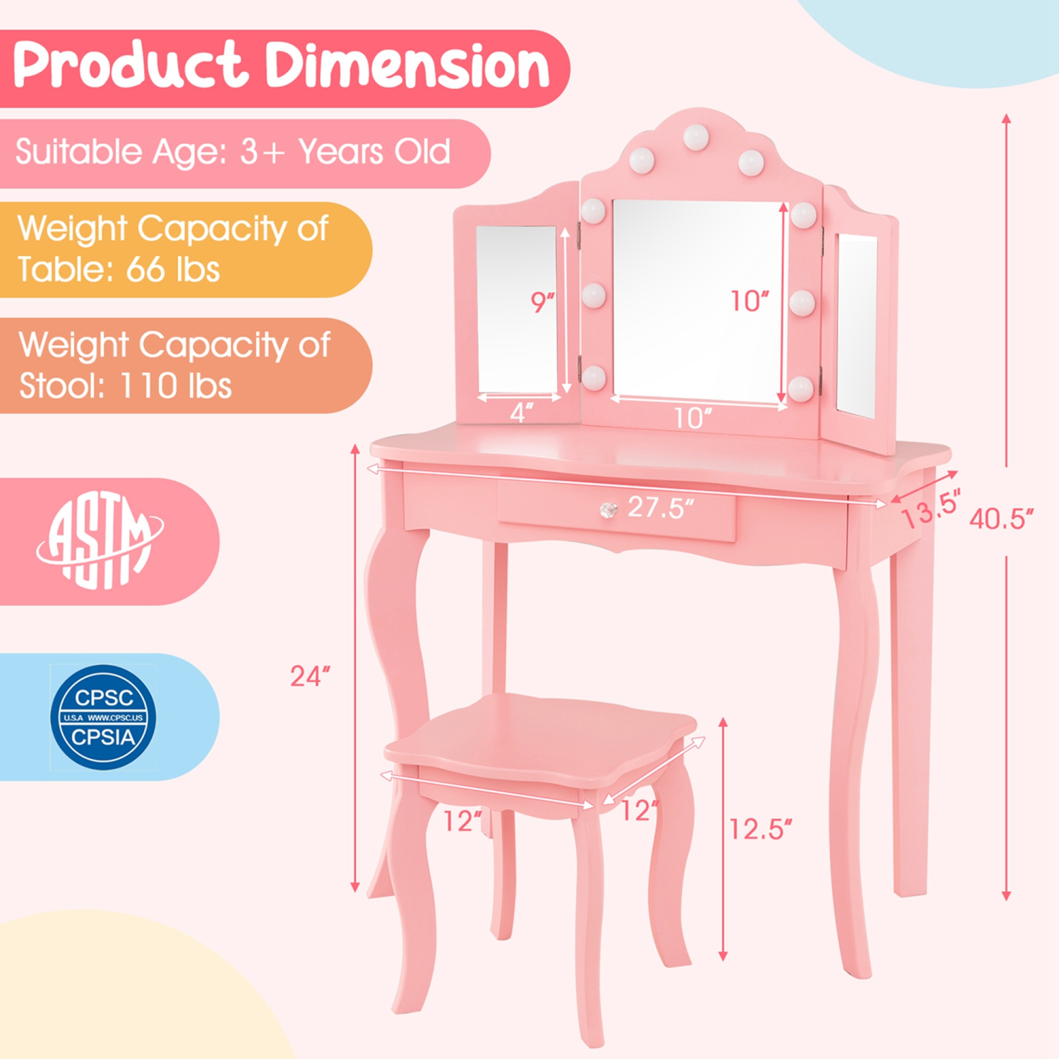 Costway Kid Vanity Table Stool Set Tri-Folding Mirror Adjustable 3-Color LED Lights