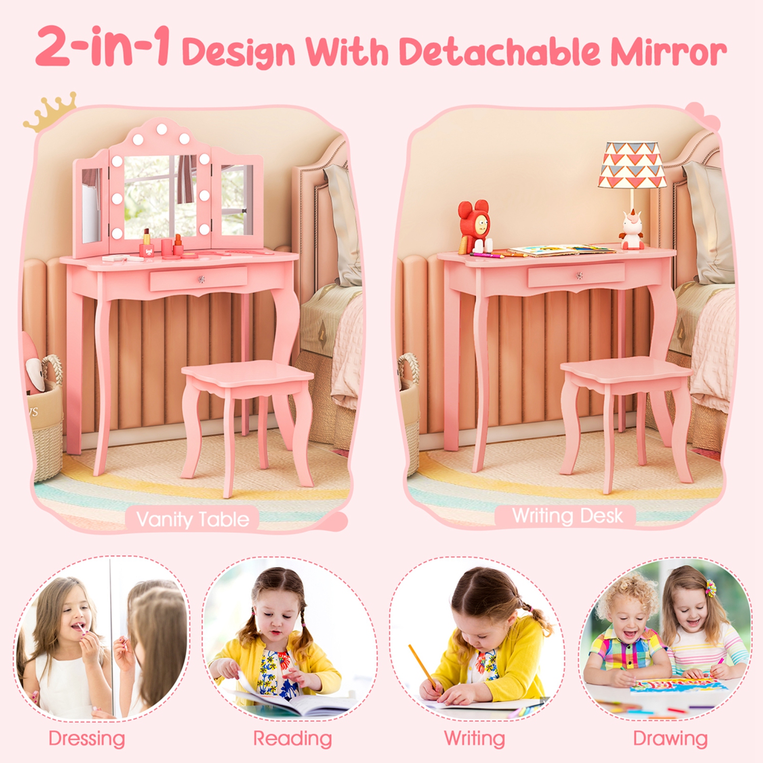 Costway Kid Vanity Table Stool Set Tri-Folding Mirror Adjustable 3-Color LED Lights