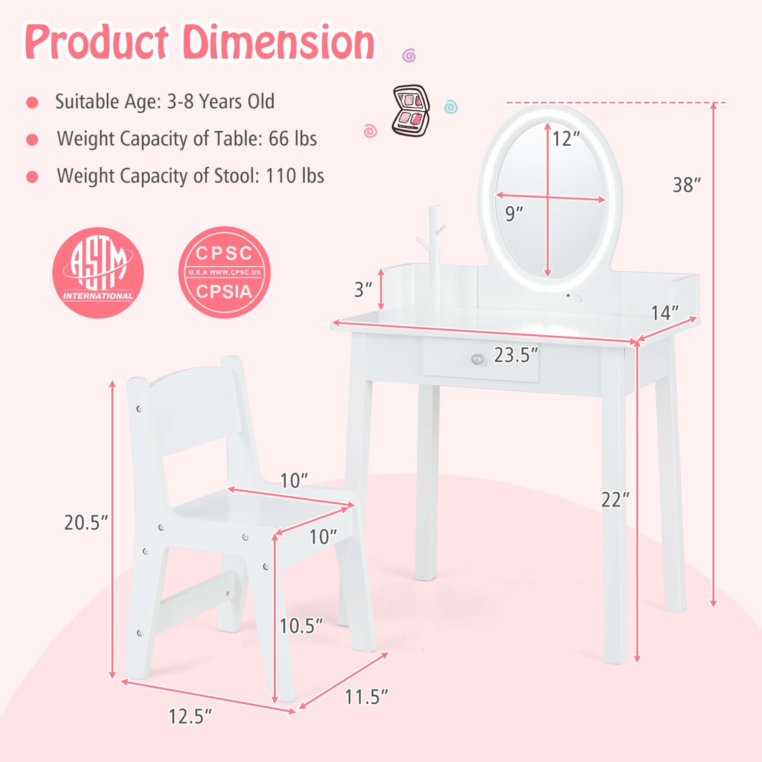 Costway Kids Vanity Set with Lighted Mirror Chair 2-Color LED Lighting for Girls Makeup
