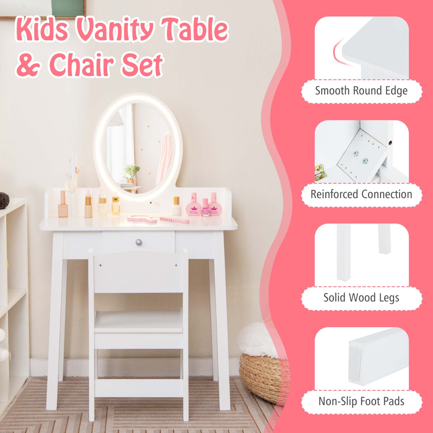 Costway Kids Vanity Set with Lighted Mirror Chair 2-Color LED Lighting for Girls Makeup
