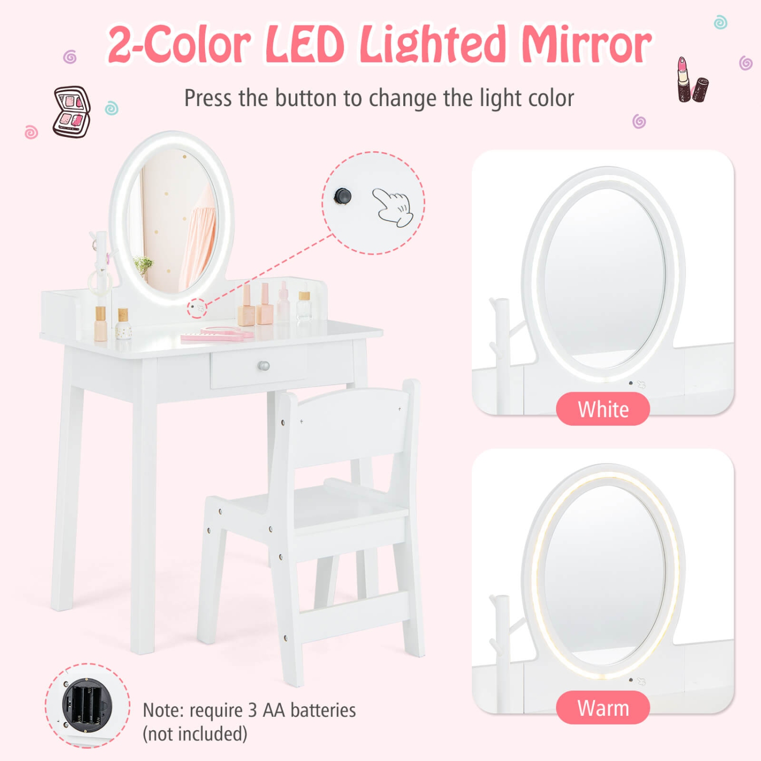 Costway Kids Vanity Set with Lighted Mirror Chair 2-Color LED Lighting for Girls Makeup