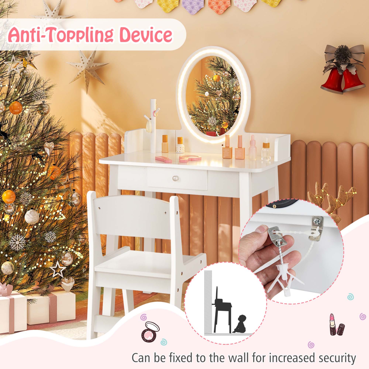 Costway Kids Vanity Set with Lighted Mirror Chair 2-Color LED Lighting for Girls Makeup