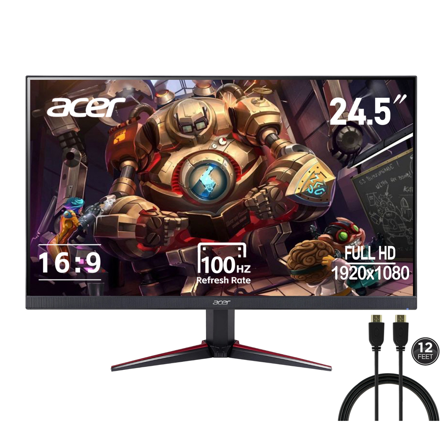 Acer Nitro 24.5" FHD Gaming Monitor with 100Hz Refresh Rate, IPS 1 ms, 1920x1080p, Tilt-able Stand, Support Freesync&VESA, Ideal for PC Gaming, Bundle with GE 12ft HDMI Cable With