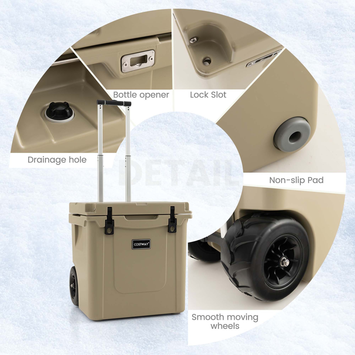 Costway 45 Quart Cooler Towable Ice Chest w/ All-Terrain Wheels Leak-Proof for Camping