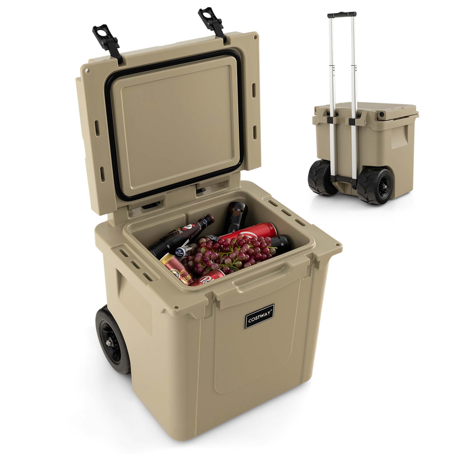 Costway 45 Quart Cooler Towable Ice Chest w/ All-Terrain Wheels Leak-Proof for Camping