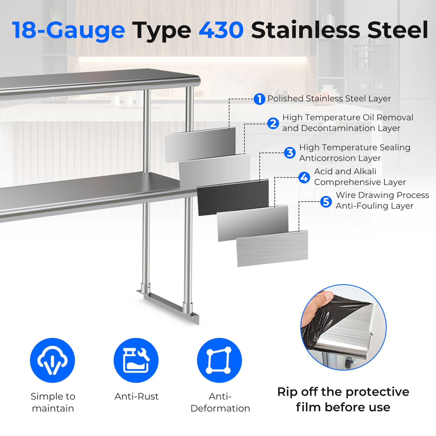 Costway Stainless Steel Table with Overshelves, 48" X 24" Work Table with 48" X 12" Shelf