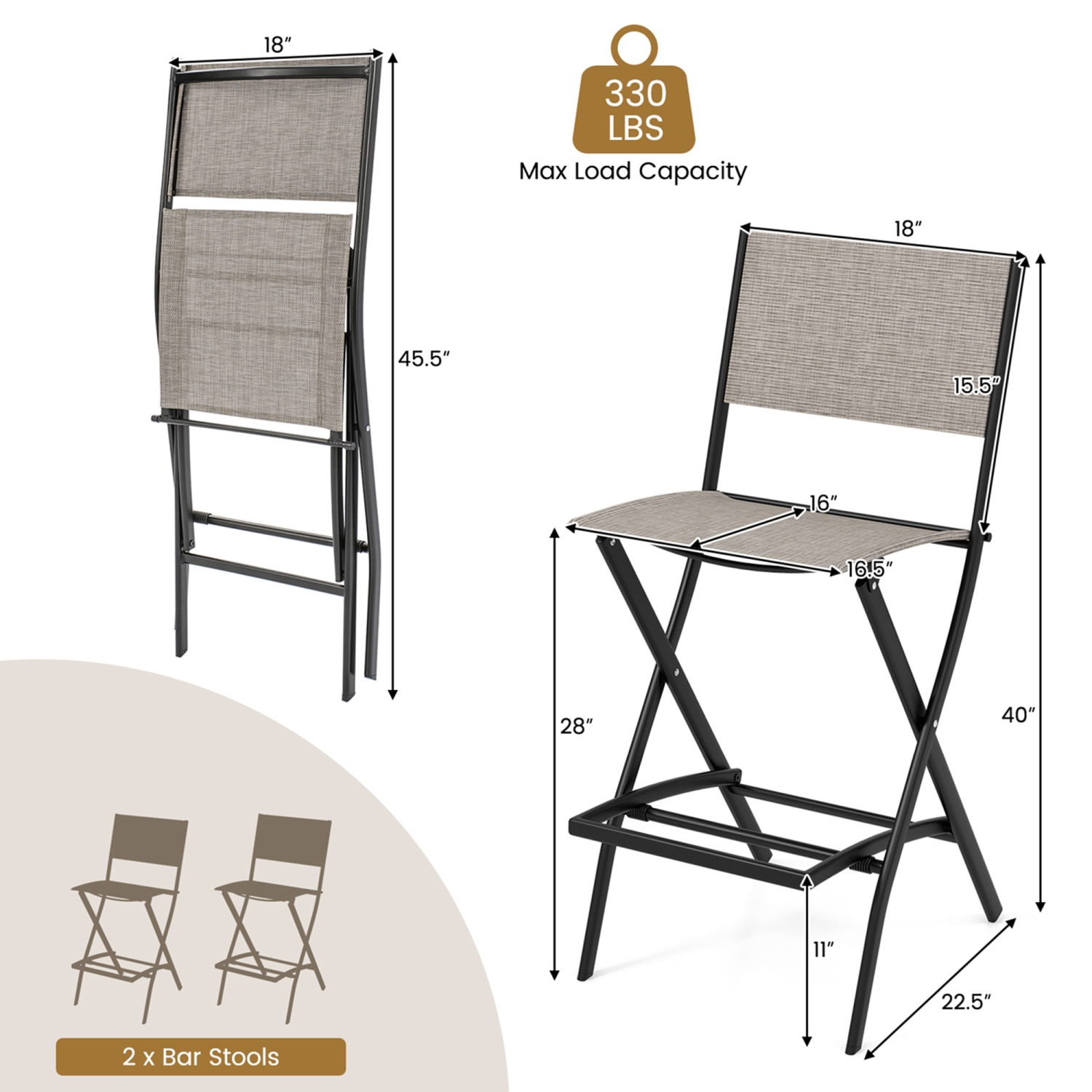 Costway Set of 2 Outdoor Bar Chair Folding Bar Height Stool with Metal Frame