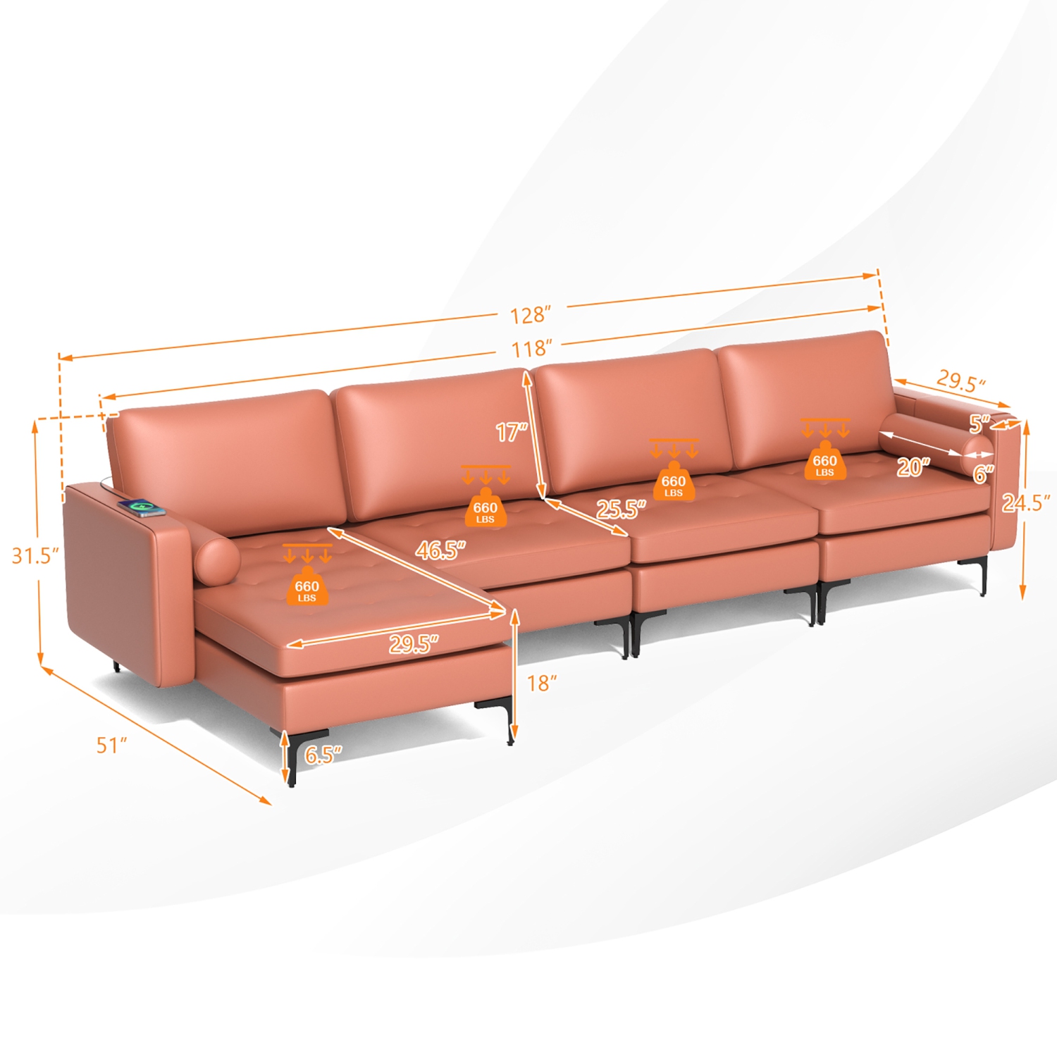 Costway Modular L-shaped Sectional Sofa with Reversible Chaise & 4 USB Ports