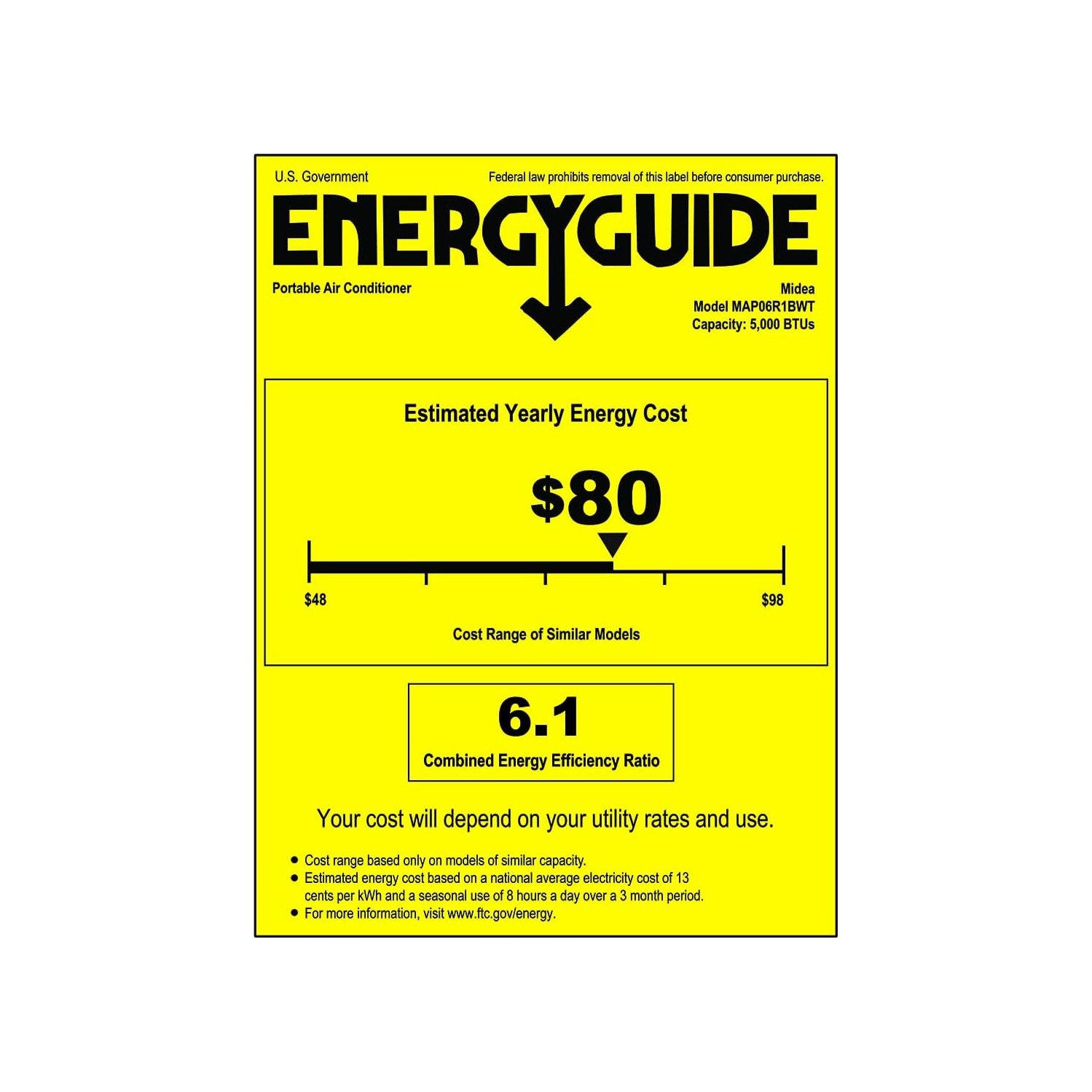 Midea 6,000 BTU ASHRAE Portable Air Conditioner, Cools up to 150 Sq. Ft., with Dehumidifier & Fan mode, Easy- to-use Remote Control & Window