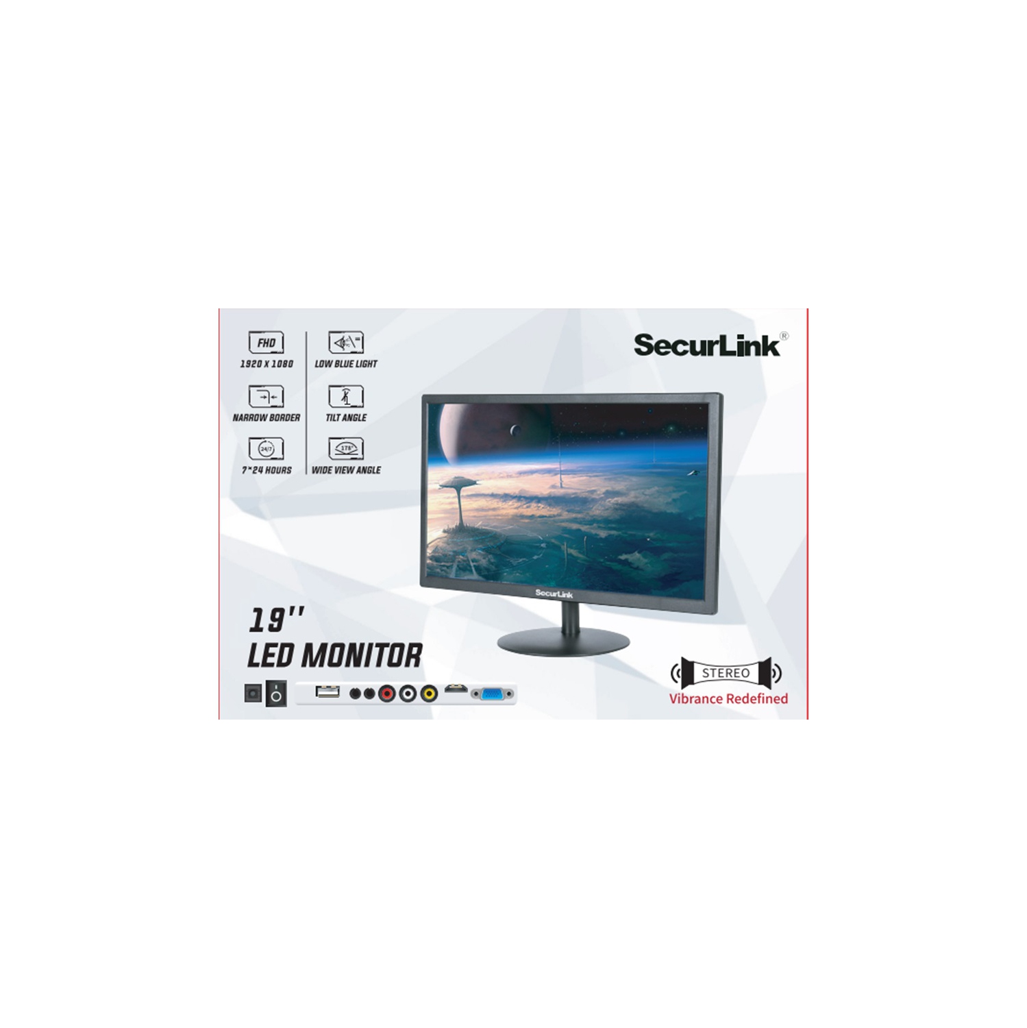 SECURLINK 19" Full HD LED Monitor – 1080p, 16.7M Colors, 6.5ms, Built-in Speakers, Wide 178° Viewing Angle, High Contrast – Ideal for Office, Home,