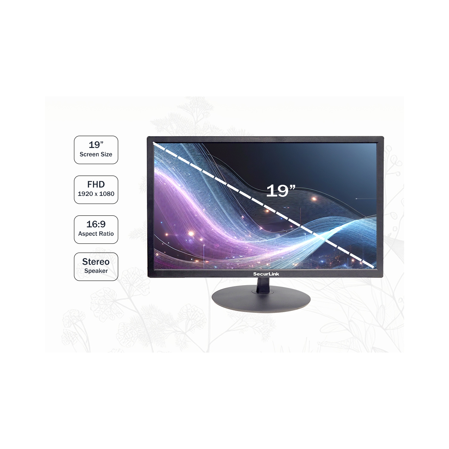 SECURLINK 19" Full HD LED Monitor – 1080p, 16.7M Colors, 6.5ms, Built-in Speakers, Wide 178° Viewing Angle, High Contrast – Ideal for Office, Home,