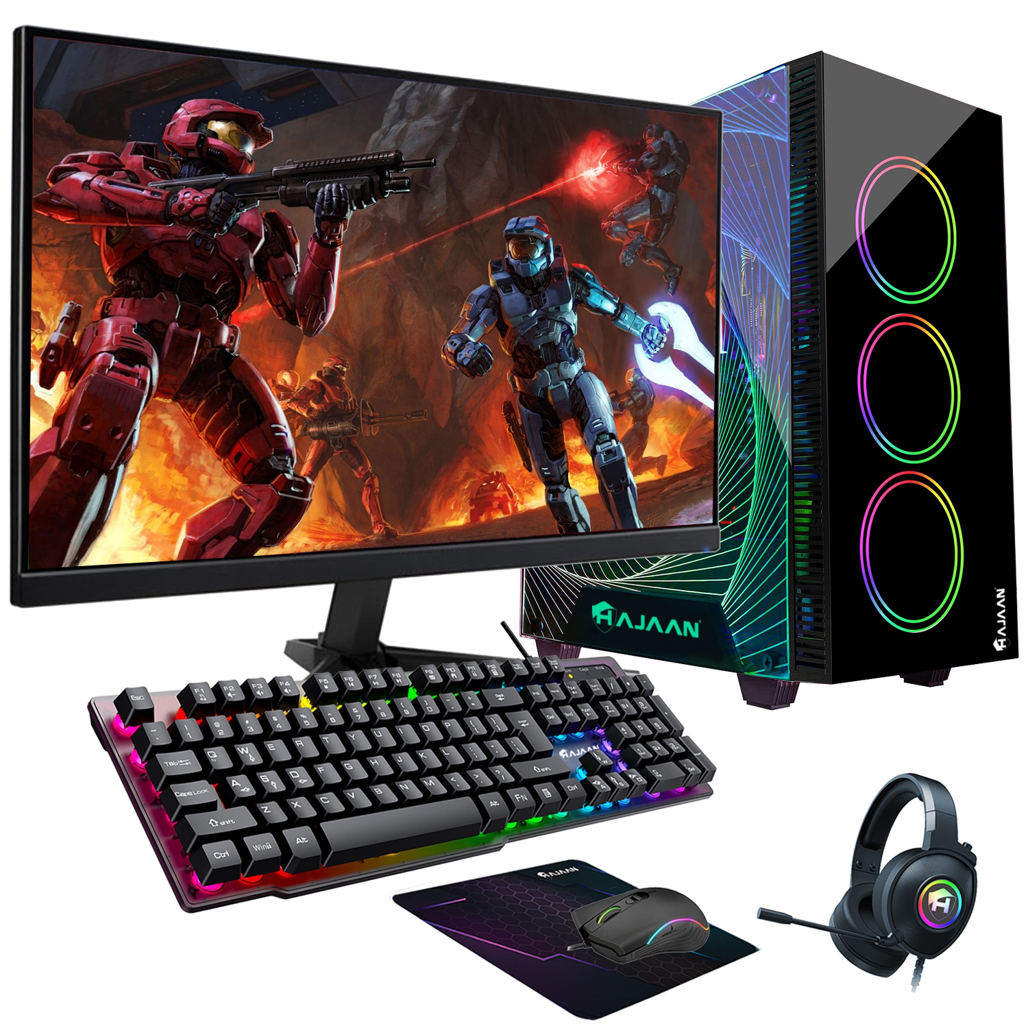 HAJAAN CYCLONIA Gaming PC Desktop - 24 Inch Gaming Monitor - AMD Ryzen 7 Processor, RTX 4060 8GB GDDR6, 32GB DDR4 RAM, 2TB NVMe, RGB, Wi-Fi, Bluetooth, Windows 11 Pro 64-bit