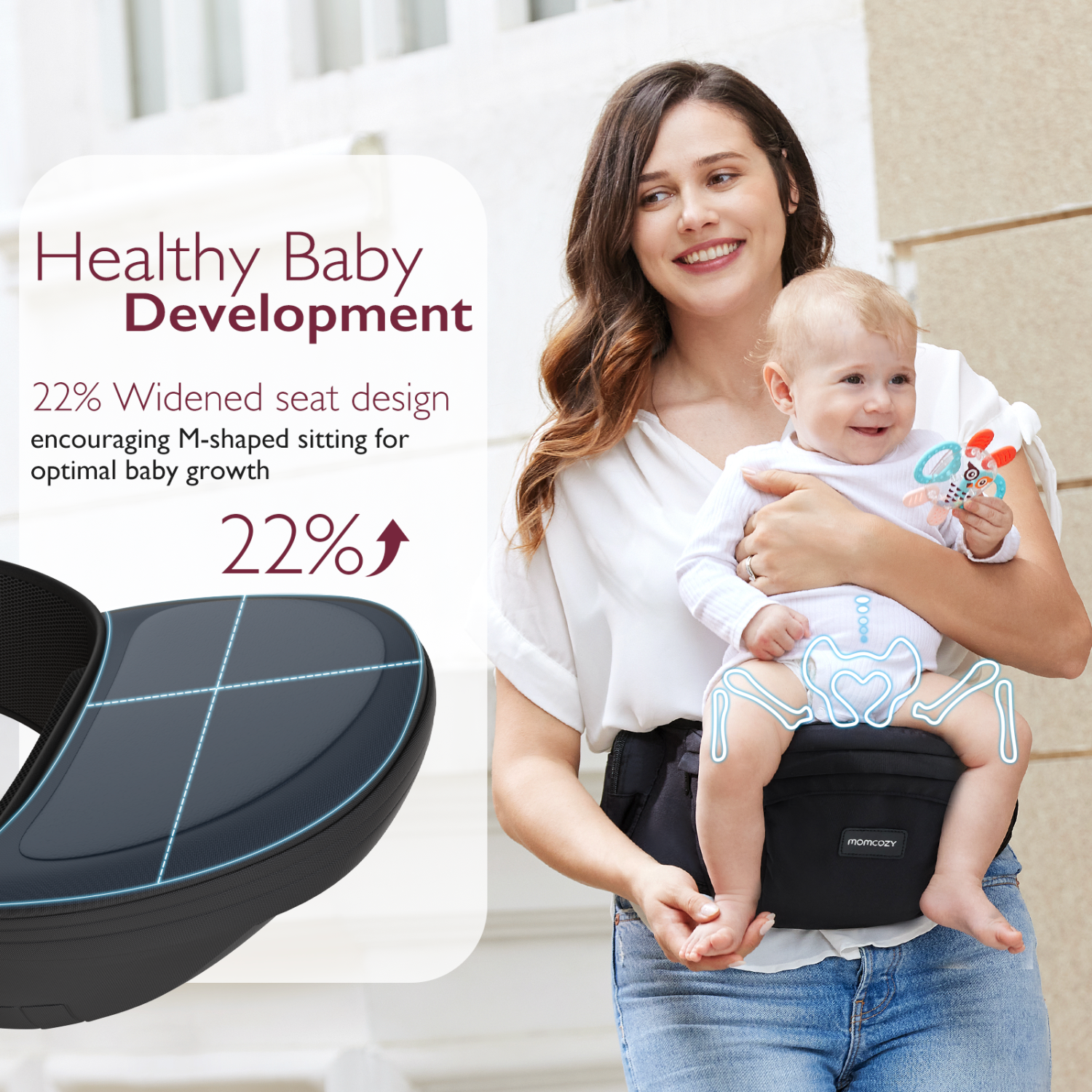 Porte-bébé MomCozy à siège de hanche - taille réglable avec protecteur de ventre Original 3D, porte-bébé ergonomique avec diverses poches pour