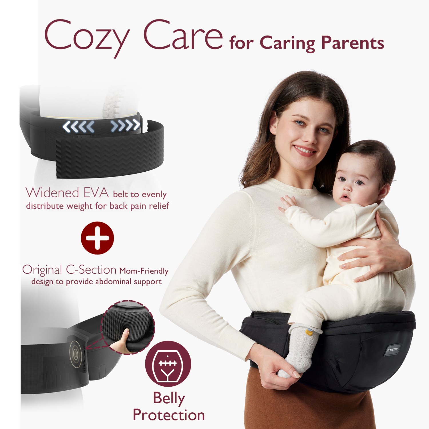 Porte-bébé MomCozy à siège de hanche - taille réglable avec protecteur de ventre Original 3D, porte-bébé ergonomique avec diverses poches pour