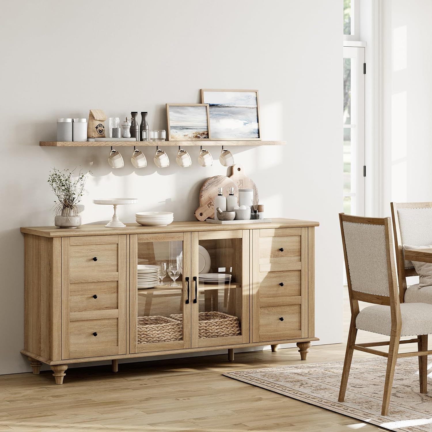 WAMPAT Sideboard Buffet Cabinets with Glass Door, Kitchen Storage Cabinets,Wood Coffee Bar Tables for Dining Room, Living Room,Oak