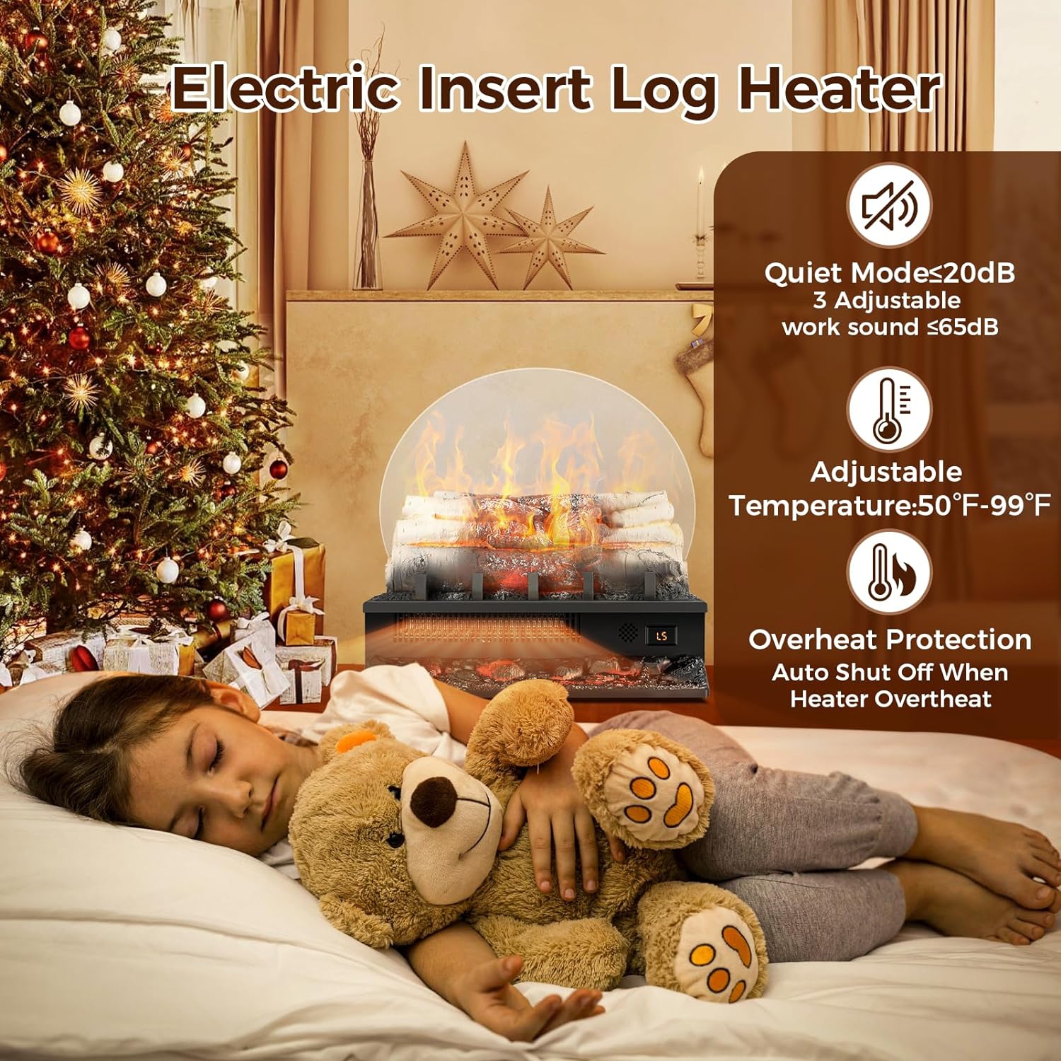 Radiateur électrique à bûches ZAFRO, 750&nbsp;W/1500&nbsp;W deux niveaux de température, simulant le son réel, la luminosité et la vitesse des