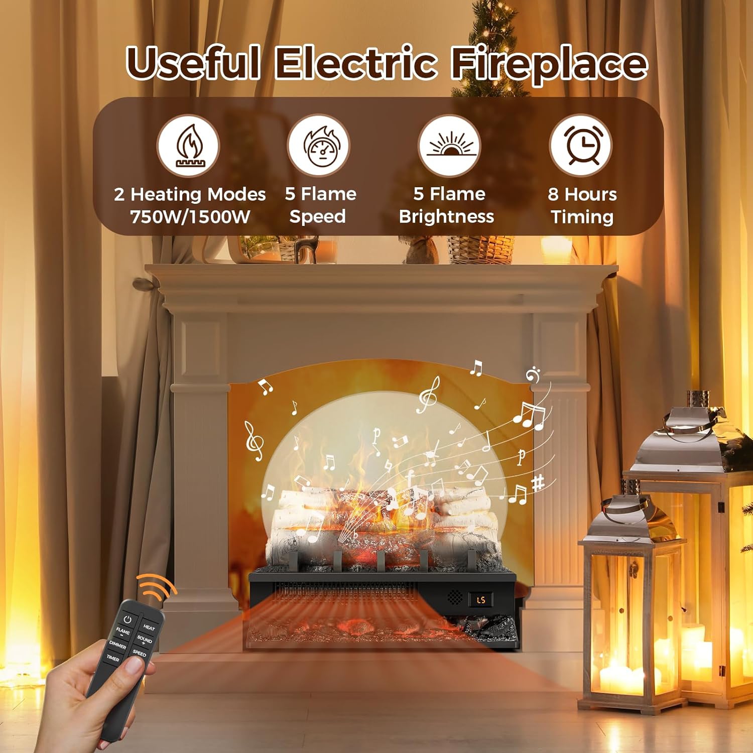 Radiateur électrique à bûches ZAFRO, 750&nbsp;W/1500&nbsp;W deux niveaux de température, simulant le son réel, la luminosité et la vitesse des