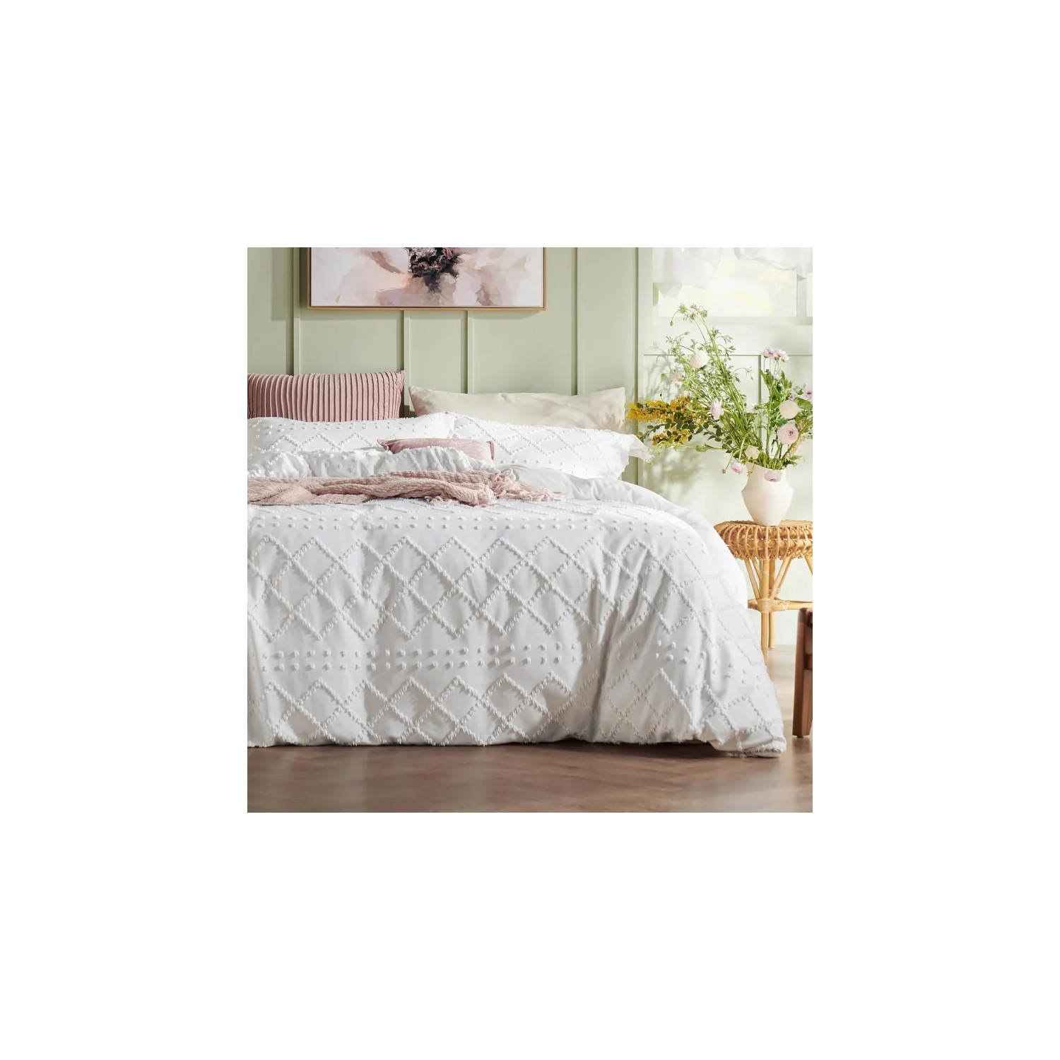 Boho Queen Duvet Cover Set - Embroidered Shabby Chic White Bedding, 3-Piece, All Seasons, 90x90