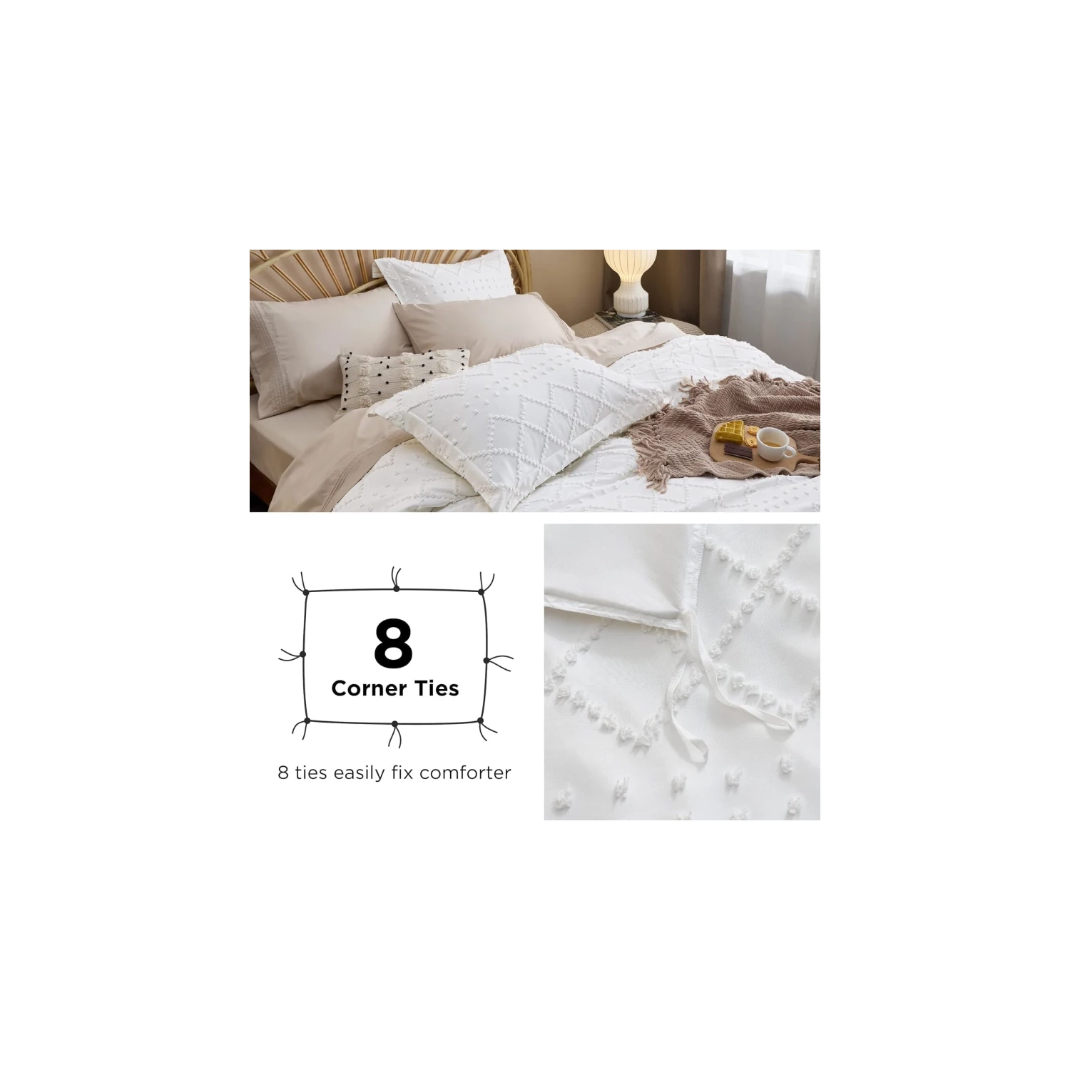 Boho Queen Duvet Cover Set - Embroidered Shabby Chic White Bedding, 3-Piece, All Seasons, 90x90