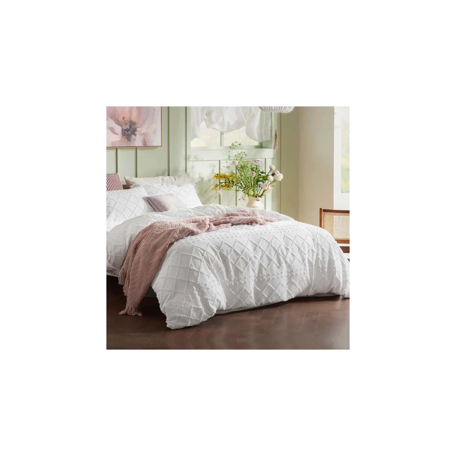 Boho Queen Duvet Cover Set - Embroidered Shabby Chic White Bedding, 3-Piece, All Seasons, 90x90