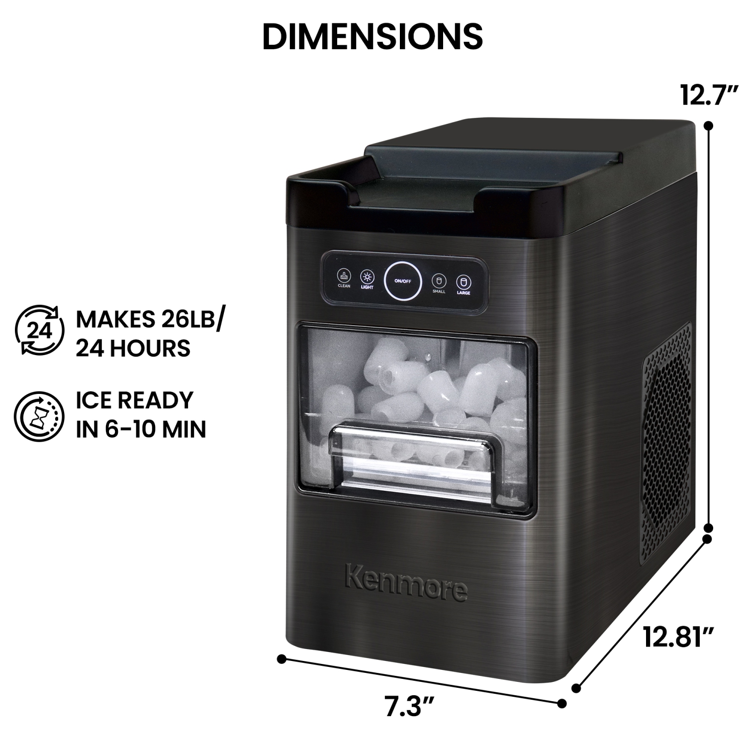 Front-Load Countertop Ice Maker | 26lb/24hrs | 2 Ice Sizes | Self-Cleaning | Stainless Steel
