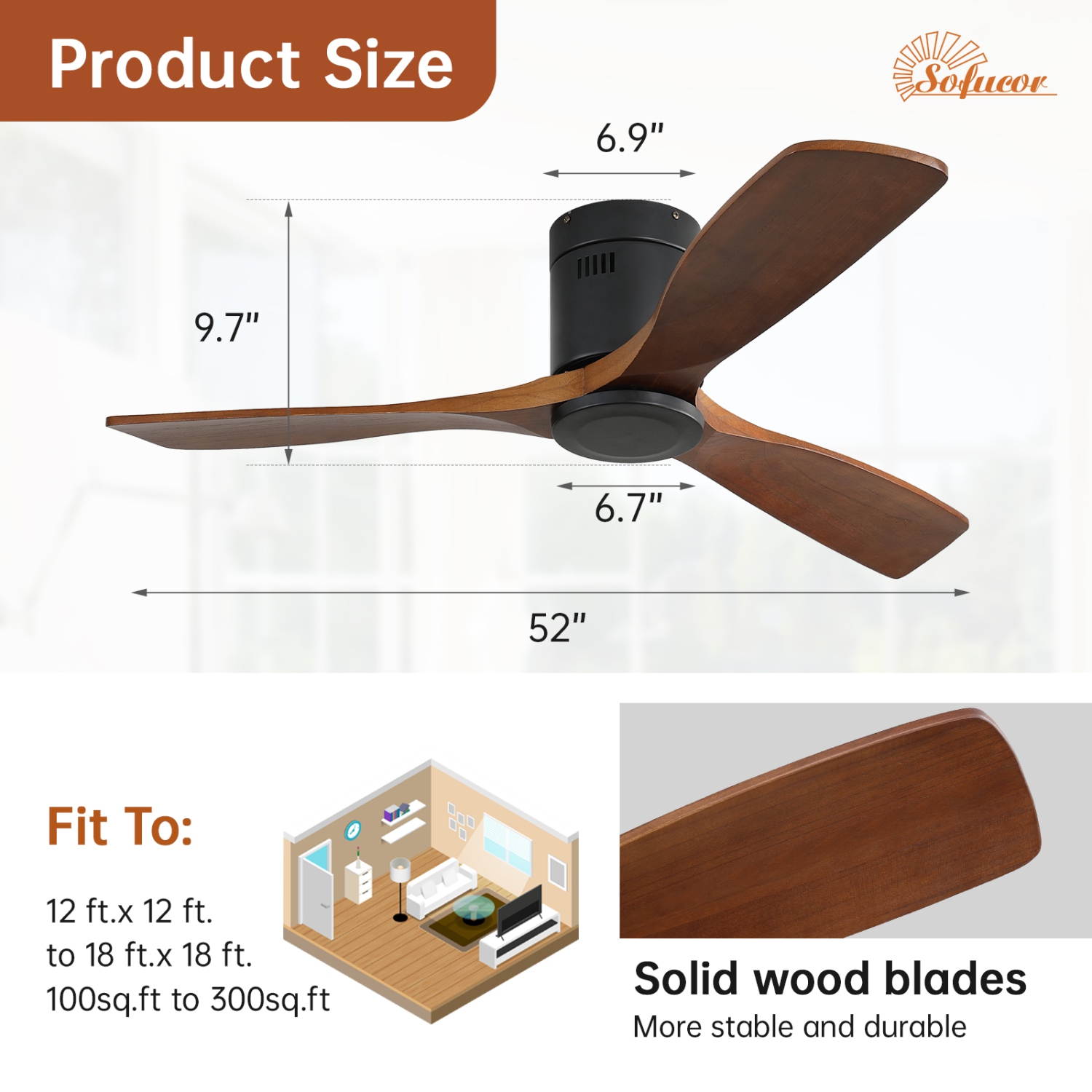 Ventilateur de plafond en bois massif sans lumière 52&nbsp;po 3 pales Ventilateur de plafond moderne avec télécommande Minuterie réversible c.c.