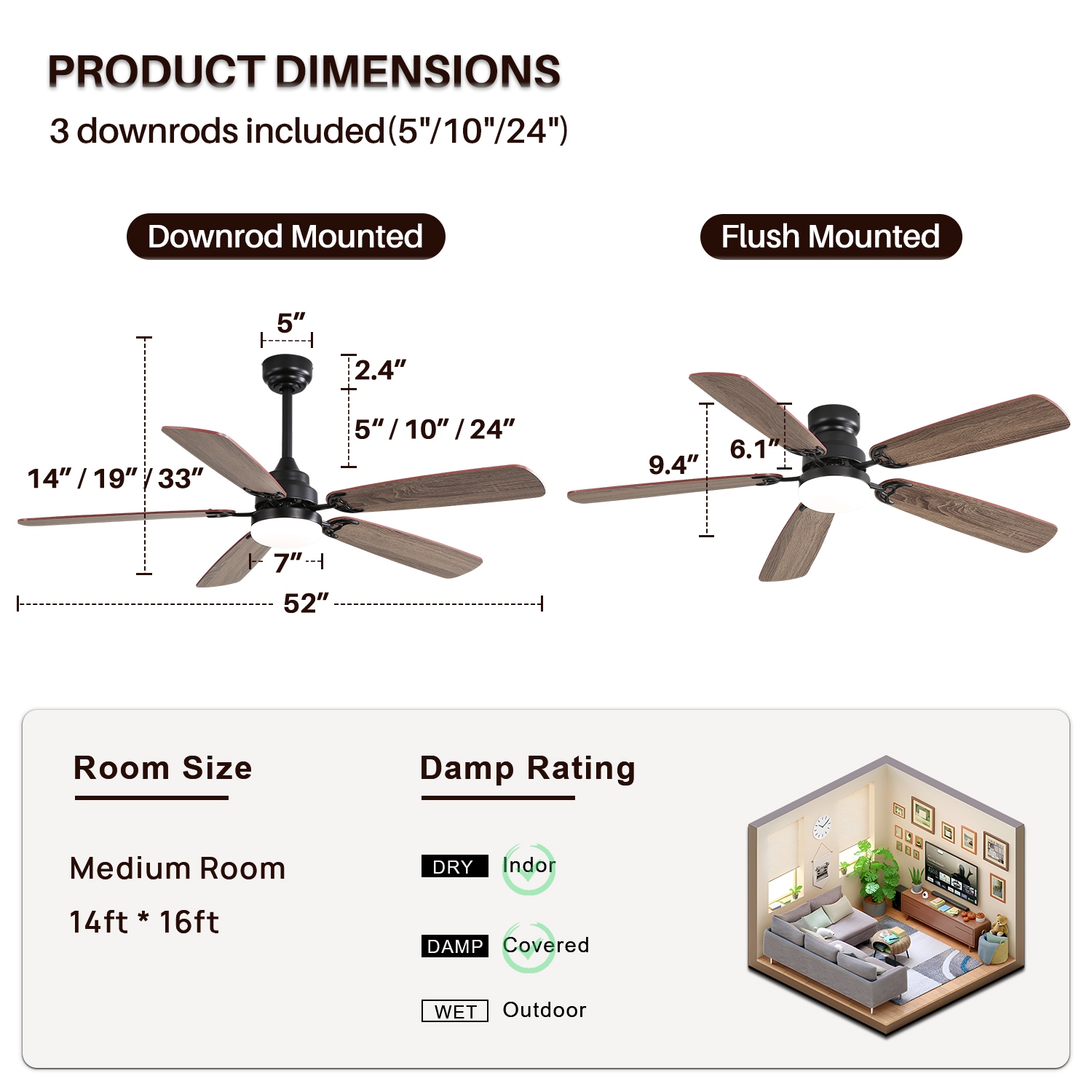 52 Inch Flush Mount Ceiling Fan With Light and Remote 5 Dual Finish Blades 3 Downrods Modern Ceiling Fan Bedroom