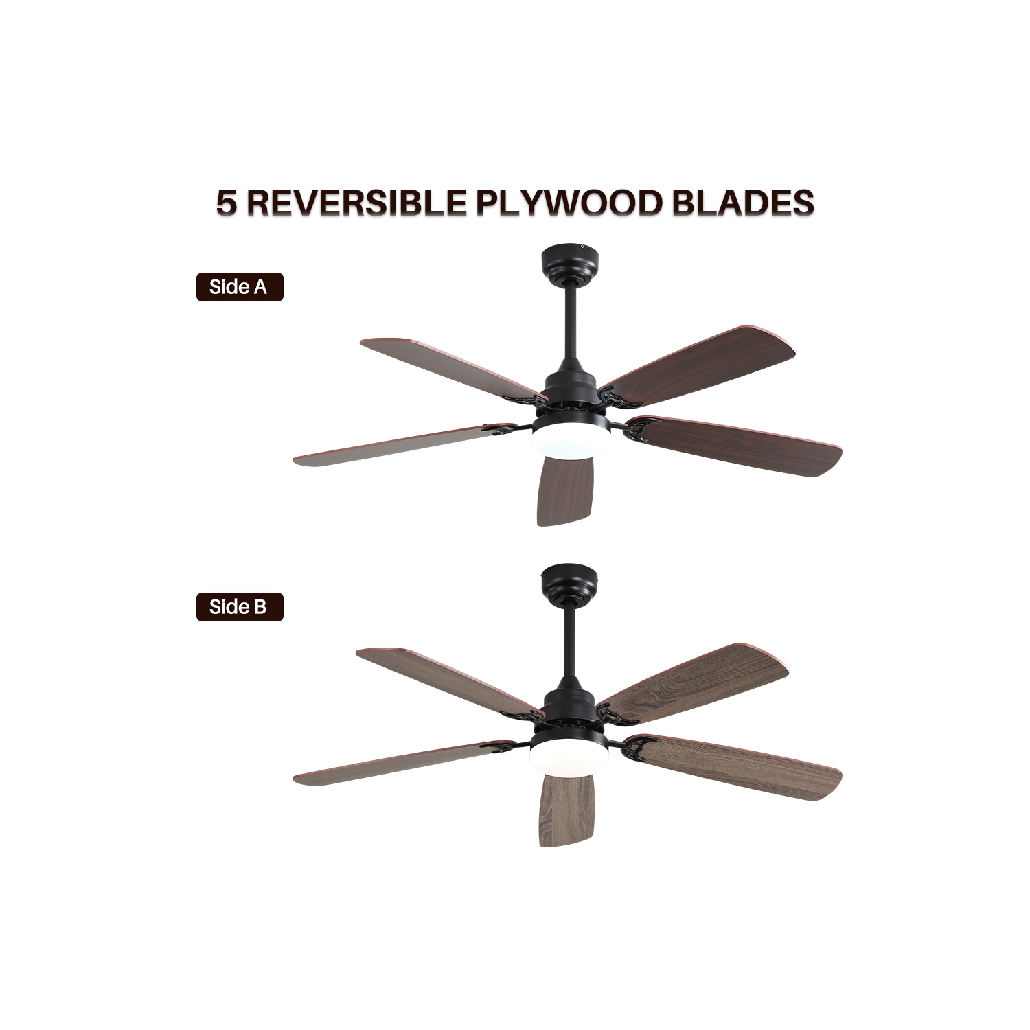 52 Inch Flush Mount Ceiling Fan With Light and Remote 5 Dual Finish Blades 3 Downrods Modern Ceiling Fan Bedroom