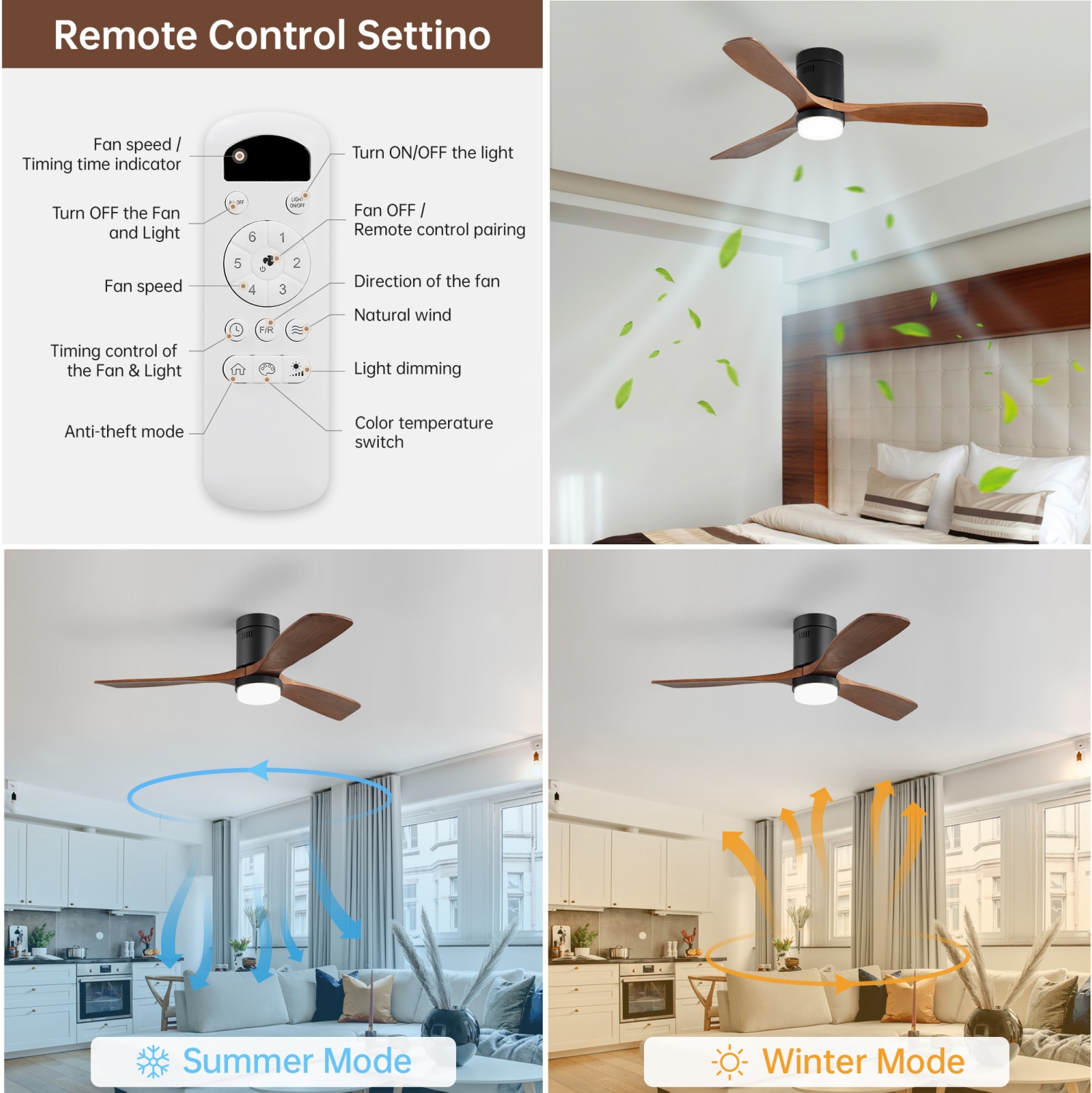 52 Inch Remote Control Ceiling Fan With 3CCT Dimmable LED Lights 6 Adjustable Wind Speed Timer Reversible DC Ceiling Fan