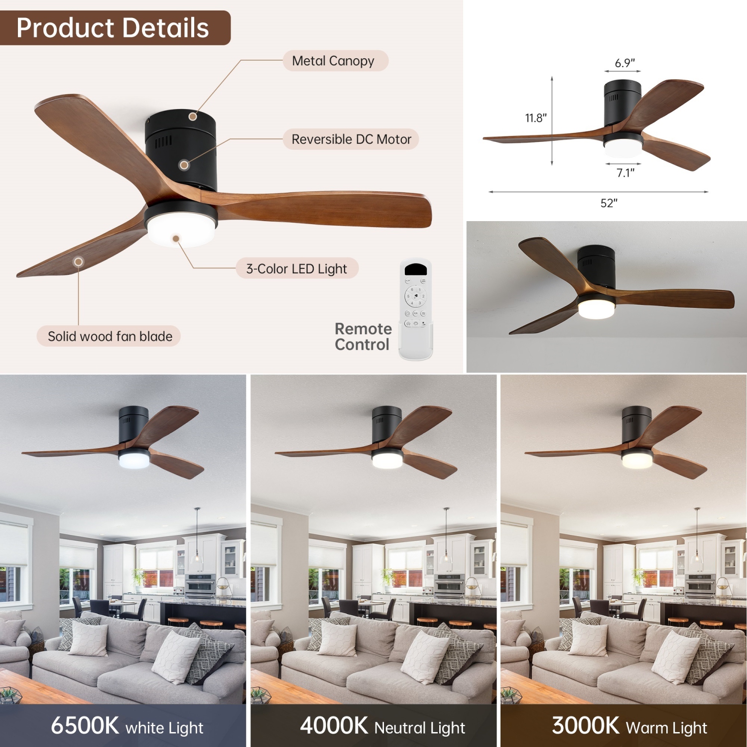 52 Inch Remote Control Ceiling Fan With 3CCT Dimmable LED Lights 6 Adjustable Wind Speed Timer Reversible DC Ceiling Fan