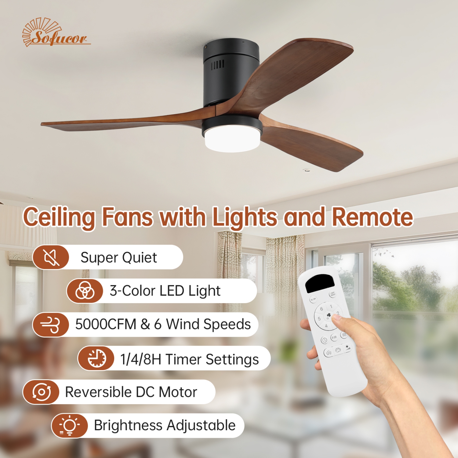 52 Inch Remote Control Ceiling Fan With 3CCT Dimmable LED Lights 6 Adjustable Wind Speed Timer Reversible DC Ceiling Fan