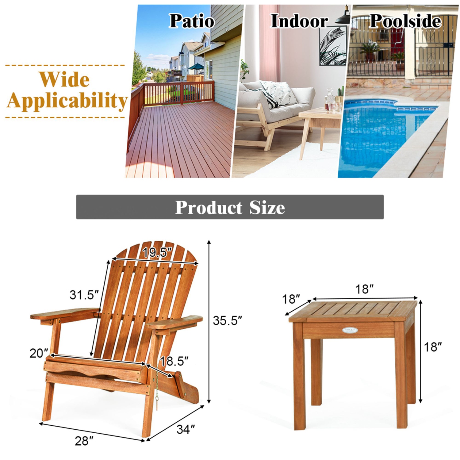 Costway 3PCS Patio Wooden Adirondack Chair Table Set Folding Seat Furniture Garden
