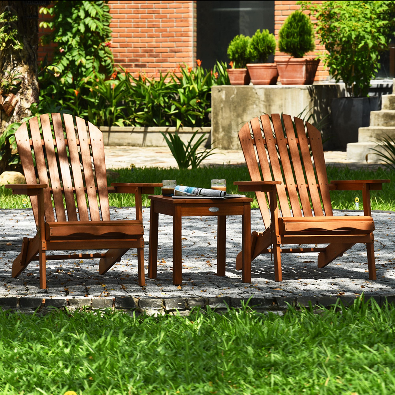 Costway 3PCS Patio Wooden Adirondack Chair Table Set Folding Seat Furniture Garden