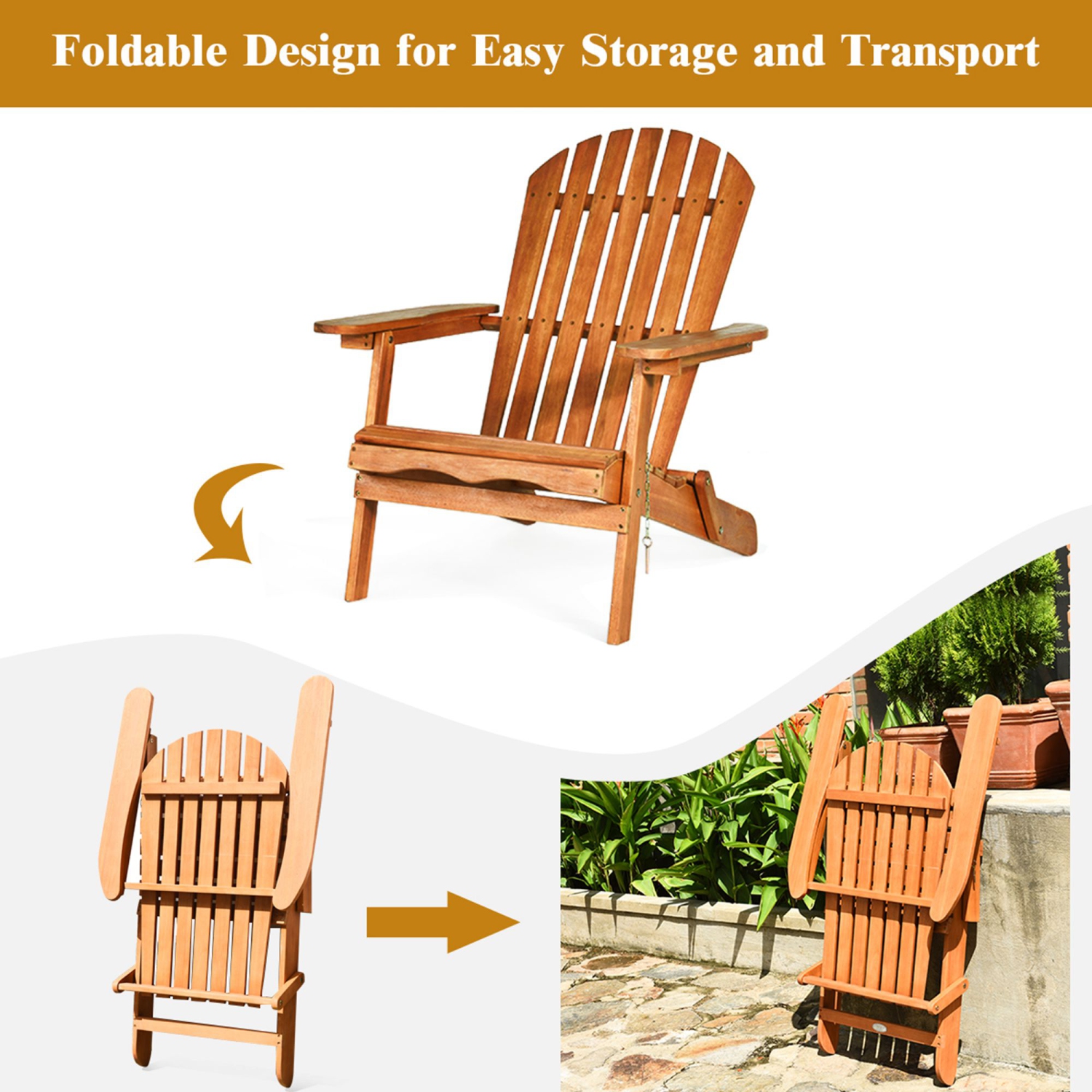 Costway 3PCS Patio Wooden Adirondack Chair Table Set Folding Seat Furniture Garden