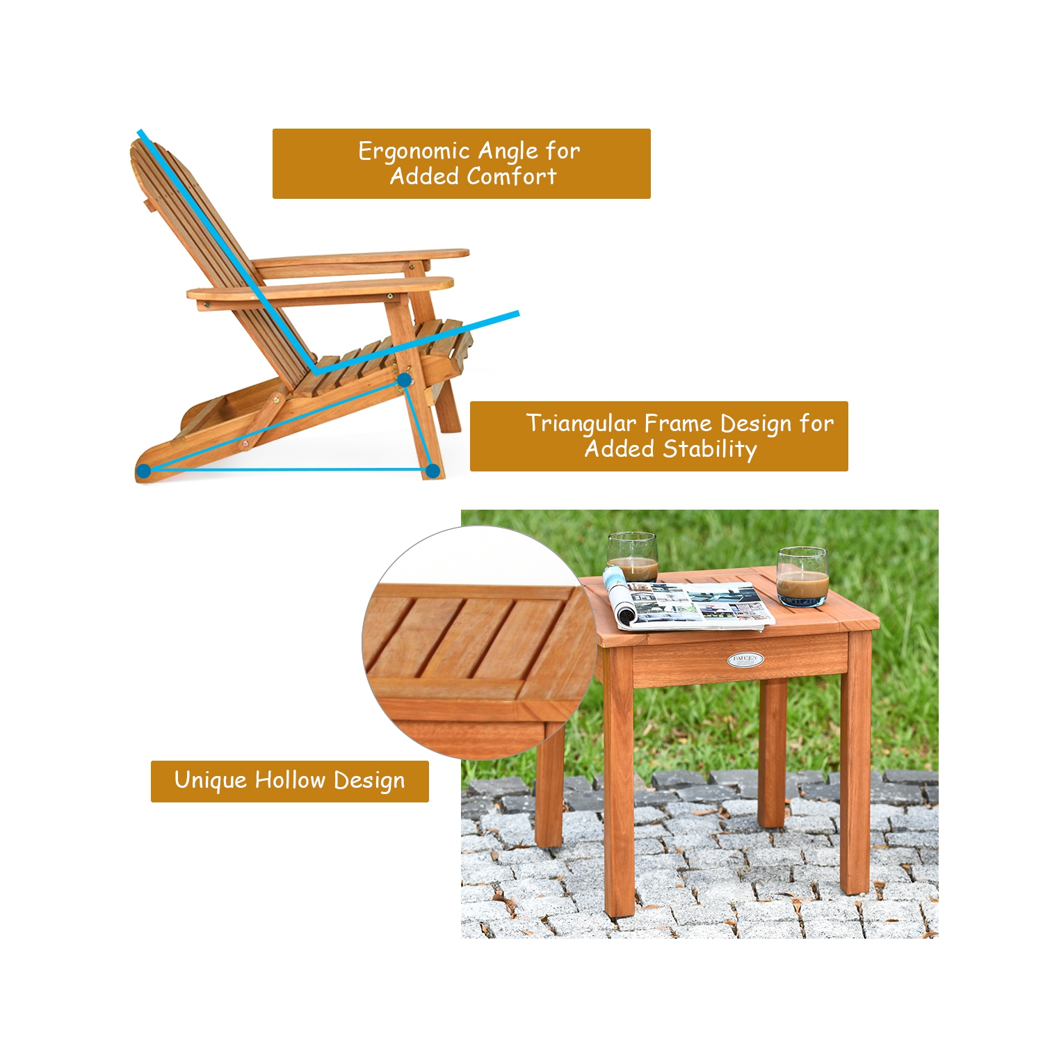 Costway 3PCS Patio Wooden Adirondack Chair Table Set Folding Seat Furniture Garden