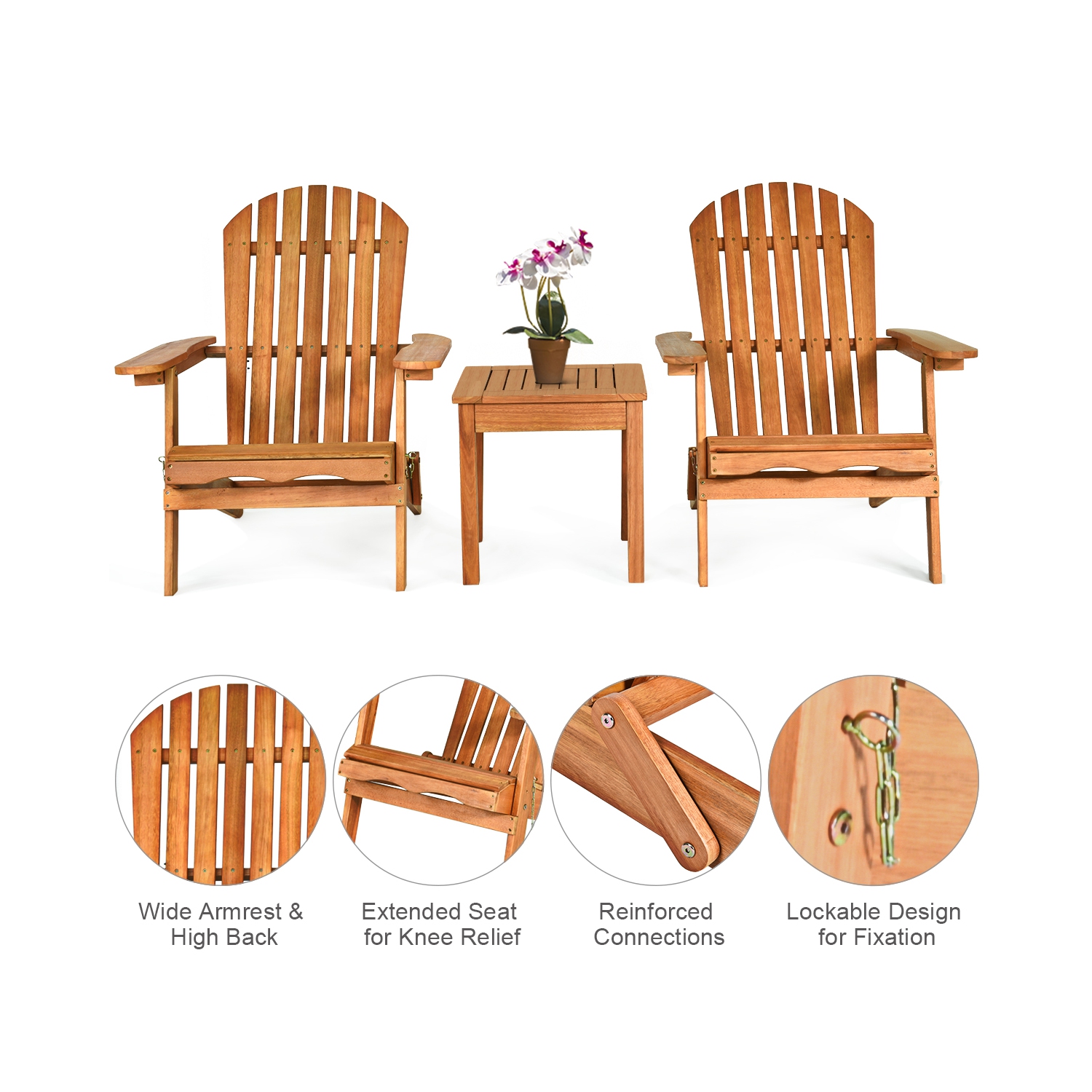 Costway 3PCS Patio Wooden Adirondack Chair Table Set Folding Seat Furniture Garden
