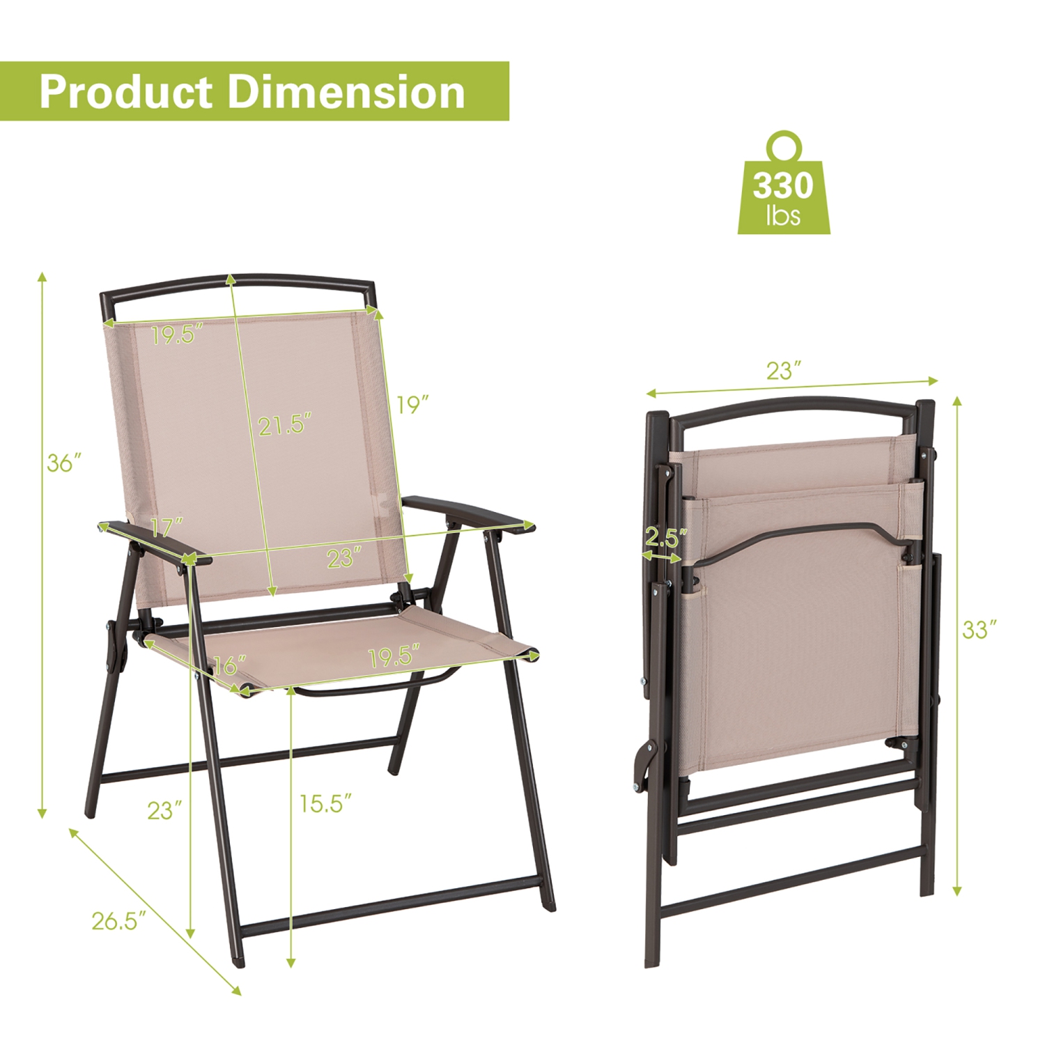 Costway 2 pcs Patio Folding Sling Dining Chairs Armrests Steel Frame Outdoor